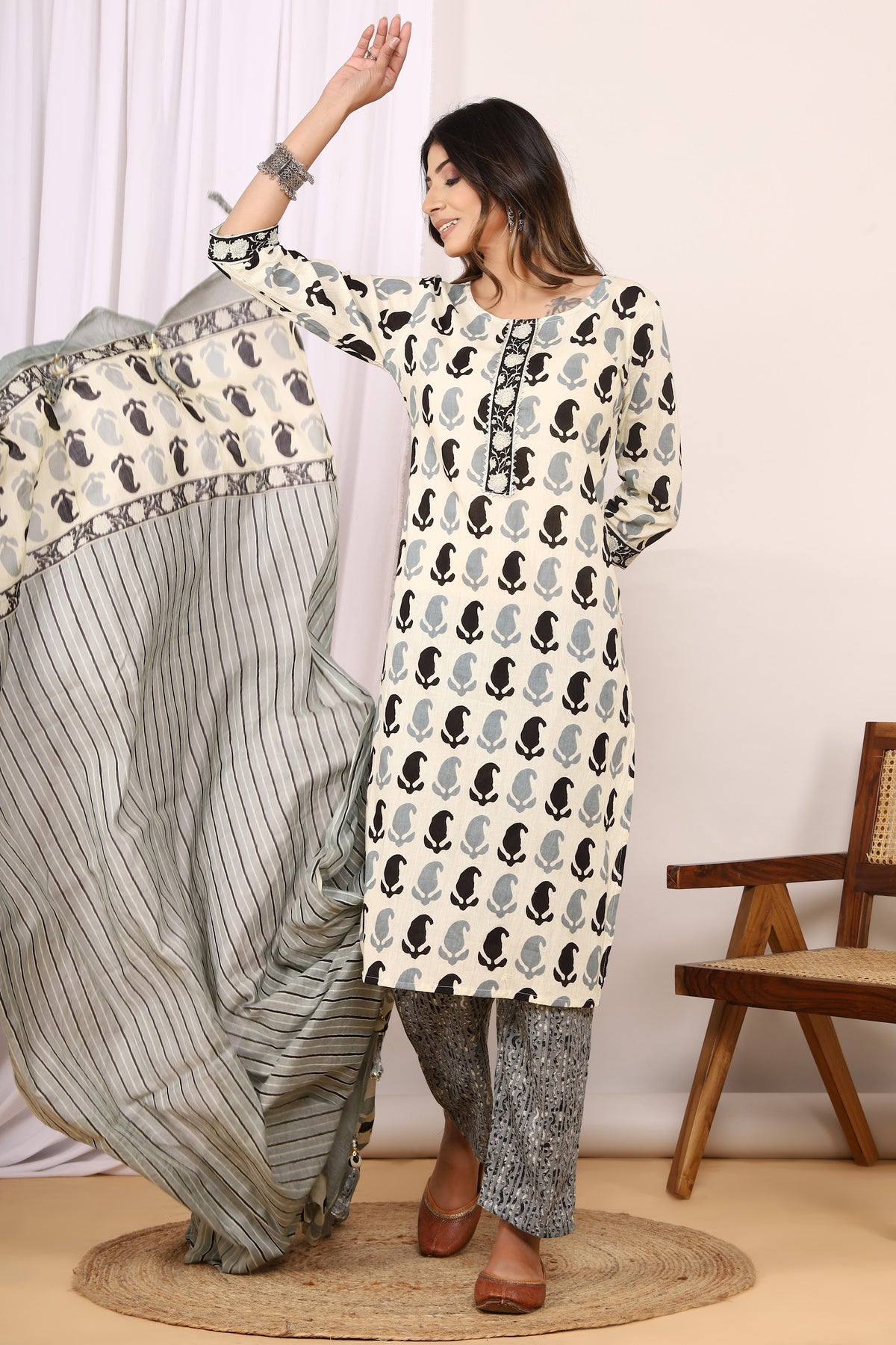 Cream Black Paisley kurta pant dupatta set – make to order wholesale – view 5
