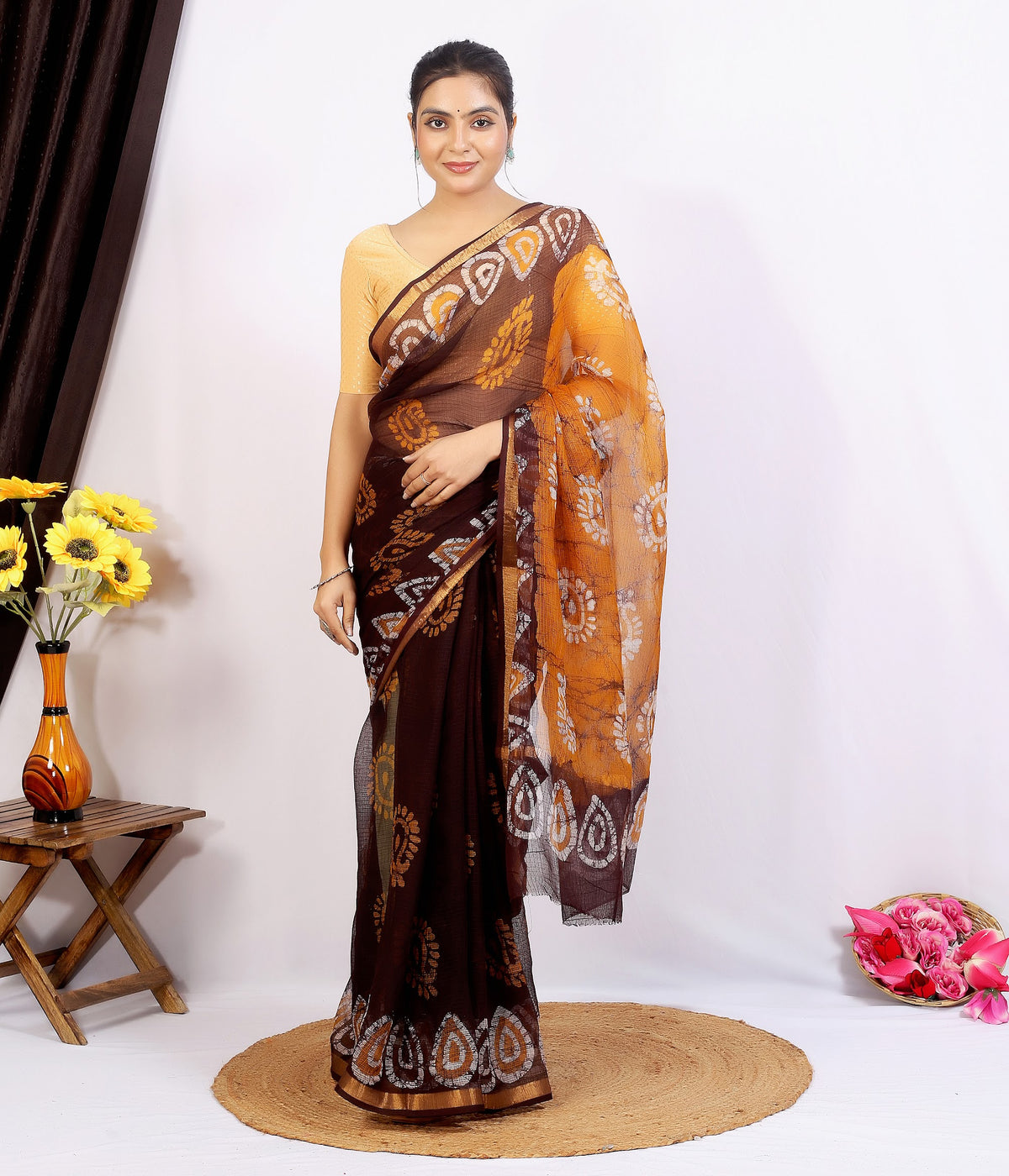Brown Mustard Pallu Bagru Kota Doria bagru hand block print saree with blouse – brown and mustard – wholesale Jaipur