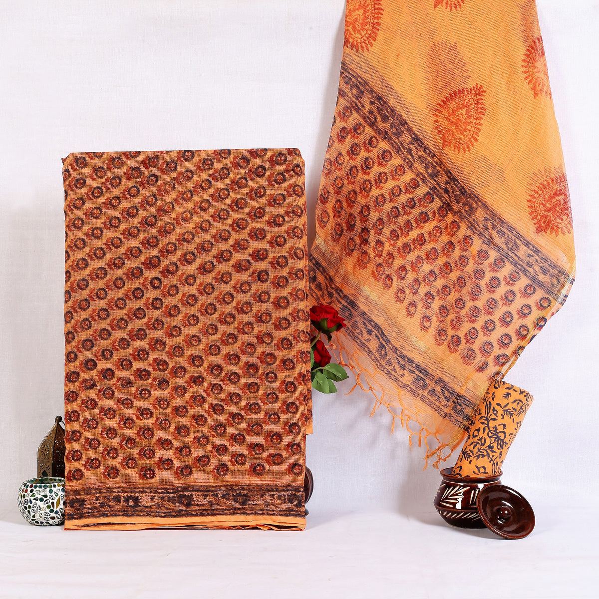 Rust Buti Hand Block Print Pure Kota Doria Suit | Gerua Buti | Unstitched 3 Piece (Top & Dupatta Kota) | Wholesale Suit Material 1xXIC62g881ndvYPuCITNh0AlPsyaraeX_w2000