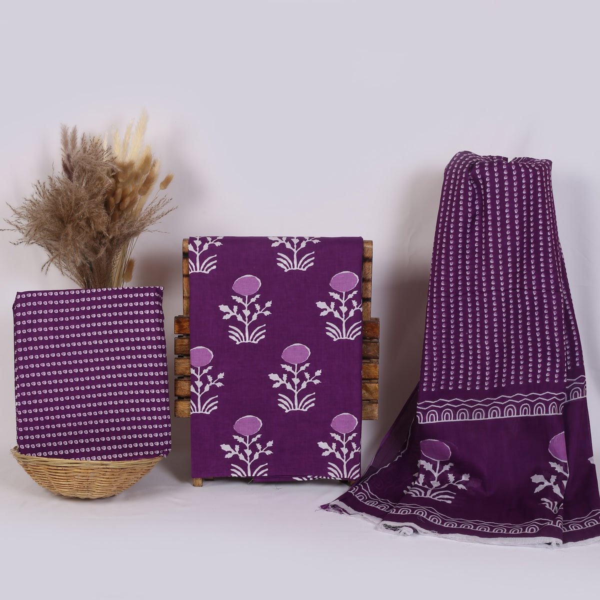 Hand Block Print Cotton Suit Material with Mulmul Dupatta | Jamuni Phool Buta – Purple Flower Buta | Purple & White | Wholesale Suit Material 1x_dQaPrOvmkfKT7fVnNBO1FP_Xi6su6V_w2000