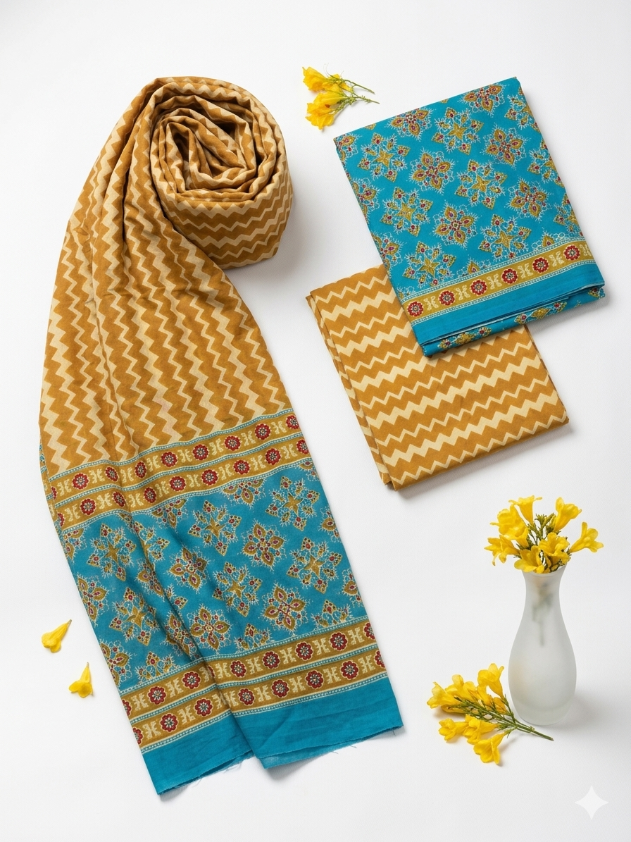 Hand Block Print Cotton Suit Material with Mulmul Dupatta | Haldi Firozi Lehar – Mustard Turquoise Zigzag | Mustard & Turquoise | Wholesale Suit Material 1y3ANhB-CI_cxKqBosS4JlWHdDUTY6f2s_w2000