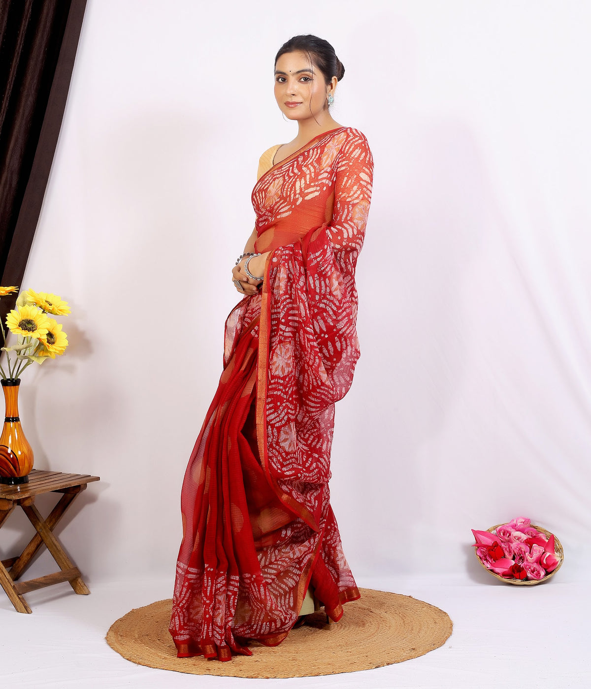 Red Bagru Floral Kota Doria bagru hand block print saree with blouse – red – wholesale Jaipur – view 6