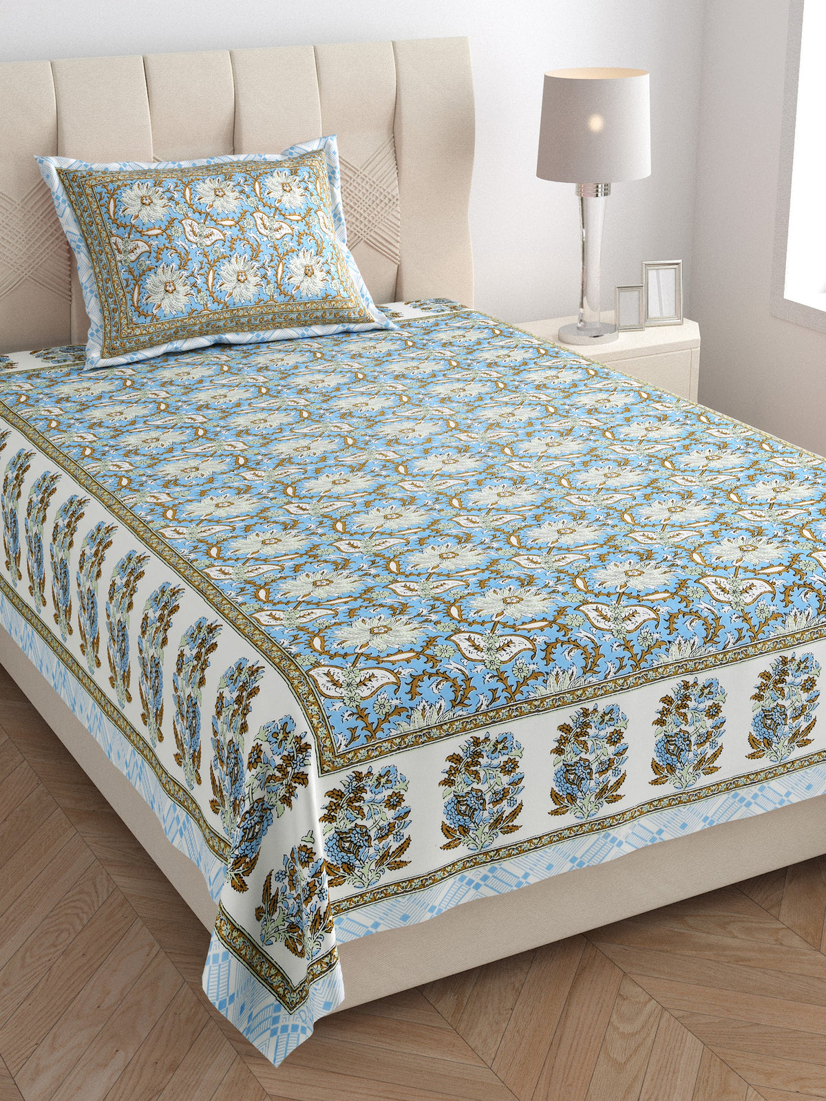 Elora Sage Blue Floral Jaal Murugan cotton single bedsheet 60x90 with pillow cover – sage and blue – wholesale Jaipur