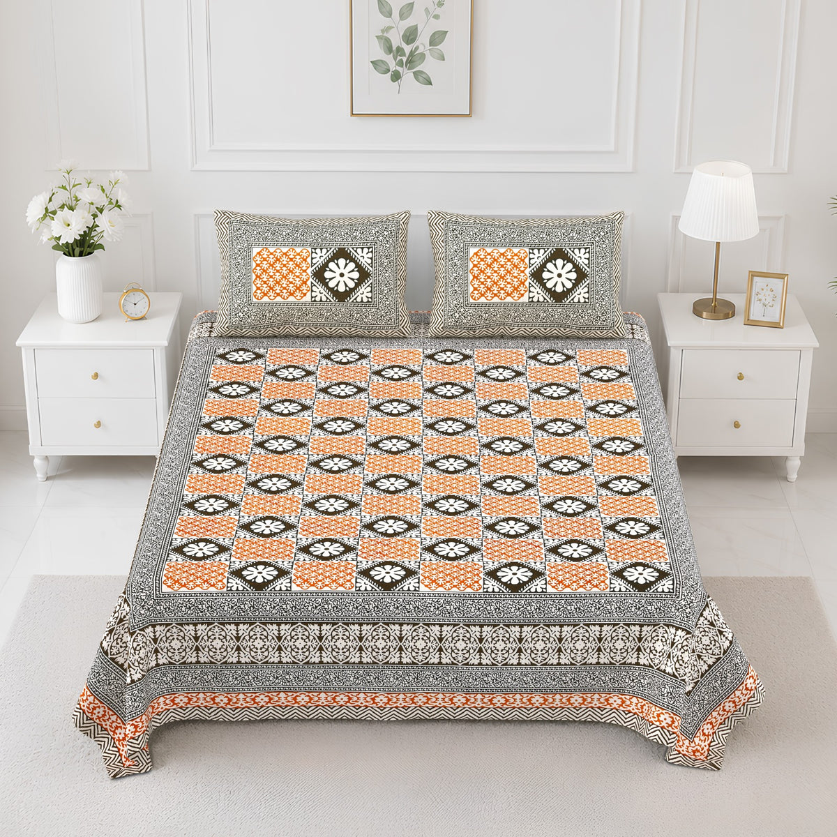 Elite Orange Diamond Medallion Cotton Double Bedsheet 90x108 with 2 Pillow Covers Bedsheet 1yKiKkYOAOsy2xFw3K5h7EspDsKurTl5d_w2000