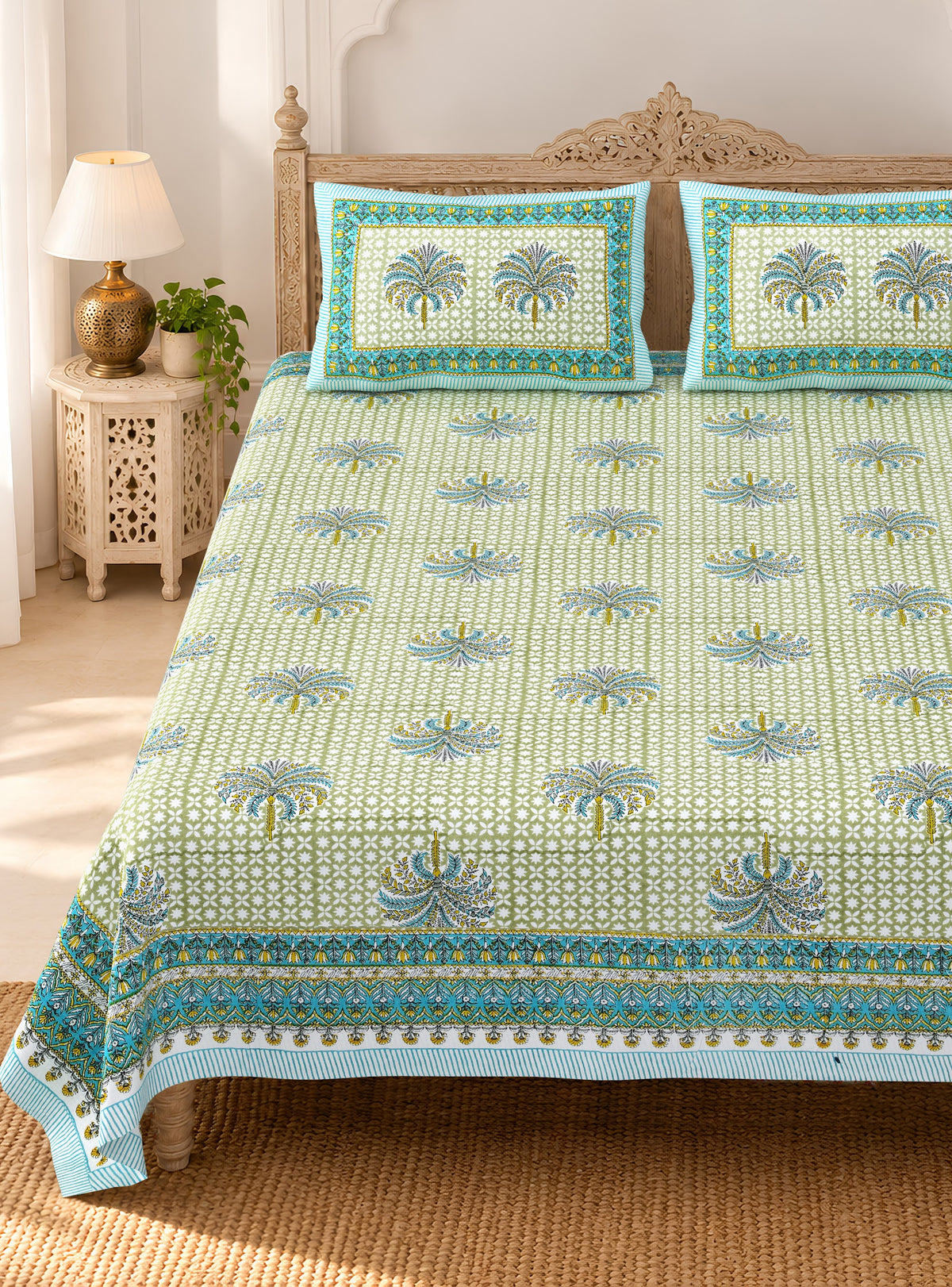 Mint Green Palm Buta pure cotton double bedsheet 90x108 – Unnati collection – view 2