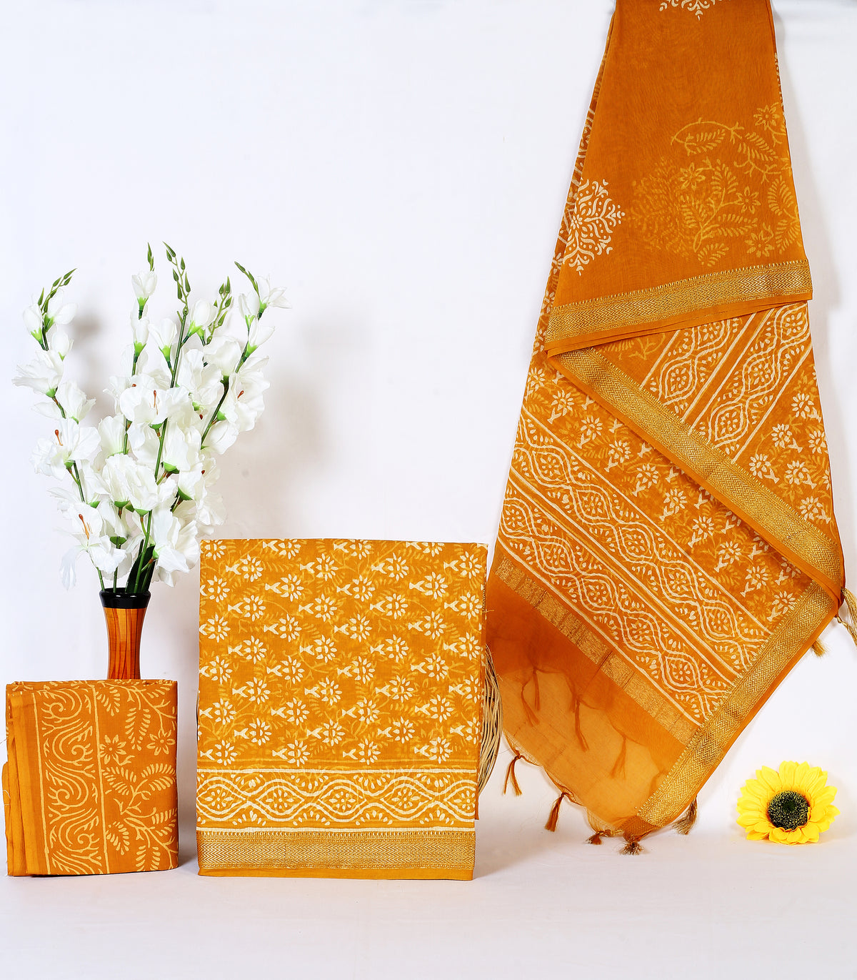 Genda Jaal marigold jaal maheshwari silk hand block print suit material with zari border – wholesale Jaipur