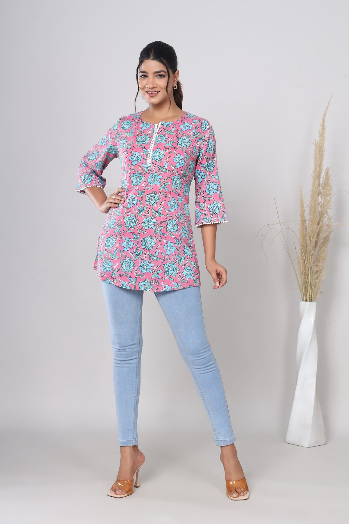 Pink Aqua Floral hand block short kurti – make to order wholesale – view 3