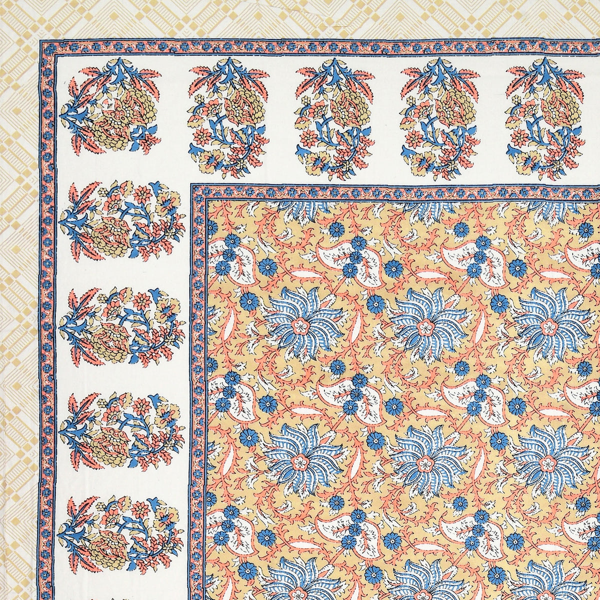 Elora Peach Blue Floral Jaal Murugan cotton single bedsheet 60x90 with pillow cover – peach and blue – wholesale Jaipur – view 3
