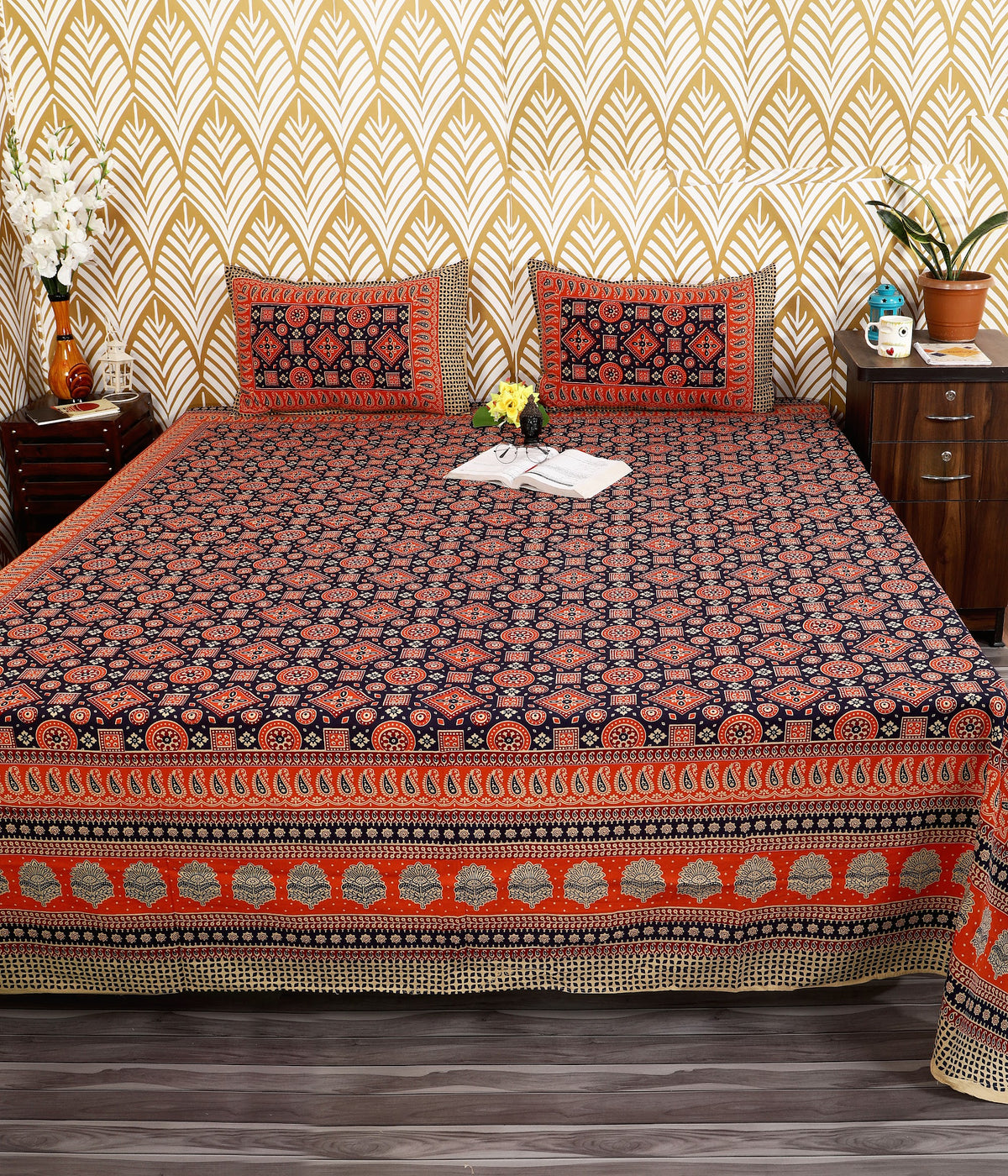 Bagru Mahal Rust Charcoal Ajrakh Cotton King Size Bedsheet 108x108 with 2 Pillow Covers Bedsheet 1z1cHghdhDQjadQYg_UggJi-pRQKTYbcD_w2000