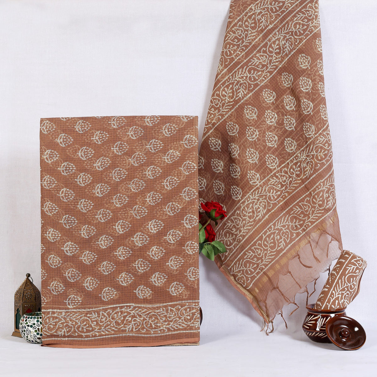 Caramel Brown Buta Hand Block Print Pure Kota Doria Suit | Dalchini Buta | Unstitched 3 Piece (Top & Dupatta Kota) | Wholesale Suit Material 1z5Rb5hveTKbd2NB0VxQloQ05YsJY8Z72_w2000