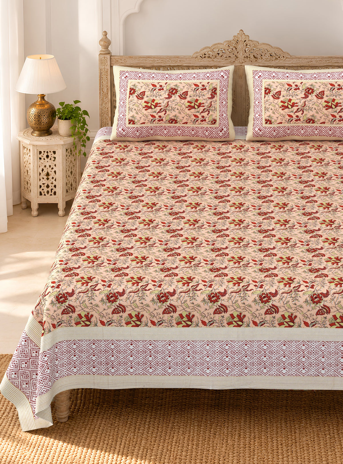 Rust Peach Floral Bel pure cotton double bedsheet 90x108 – Unnati collection – view 2