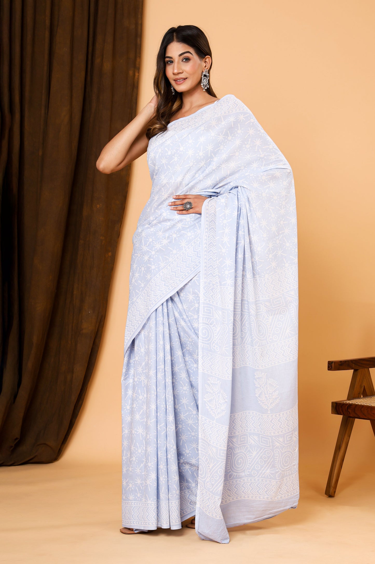 Tealish Blue Jaipuri Handblock Booti Print Cotton Mulmul Saree