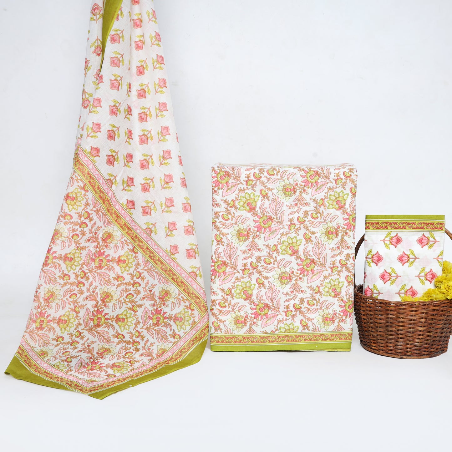 Srishti Textile: Unstitched Cotton Suit Dress Material with Floral Sanganeri Print in White & Light Pink