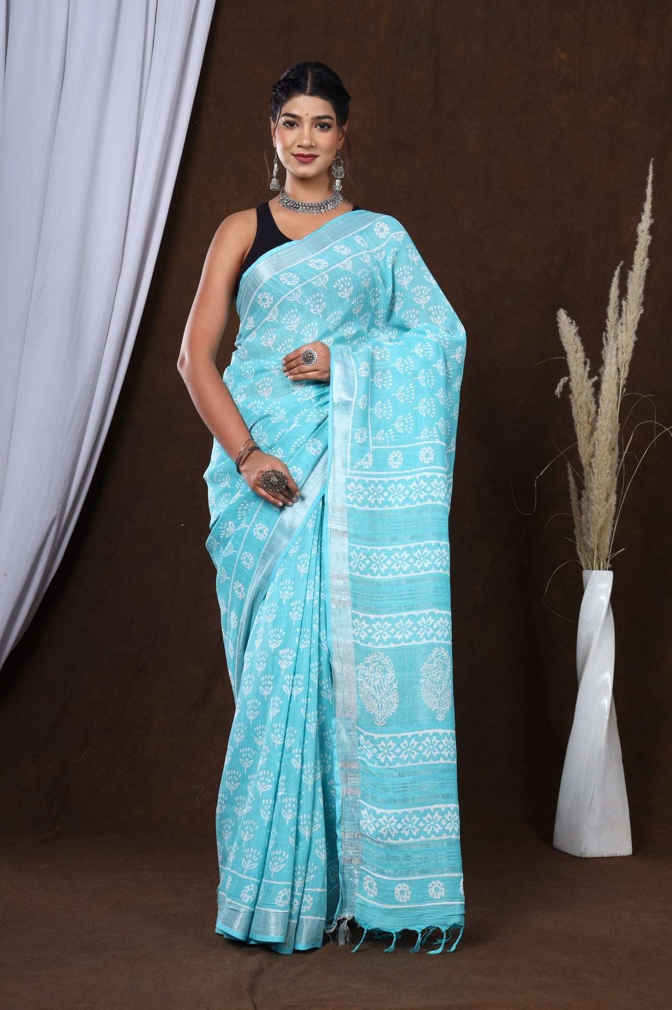 Jaipur Breeze: Light Blue Linen Hand Block Floral Saree