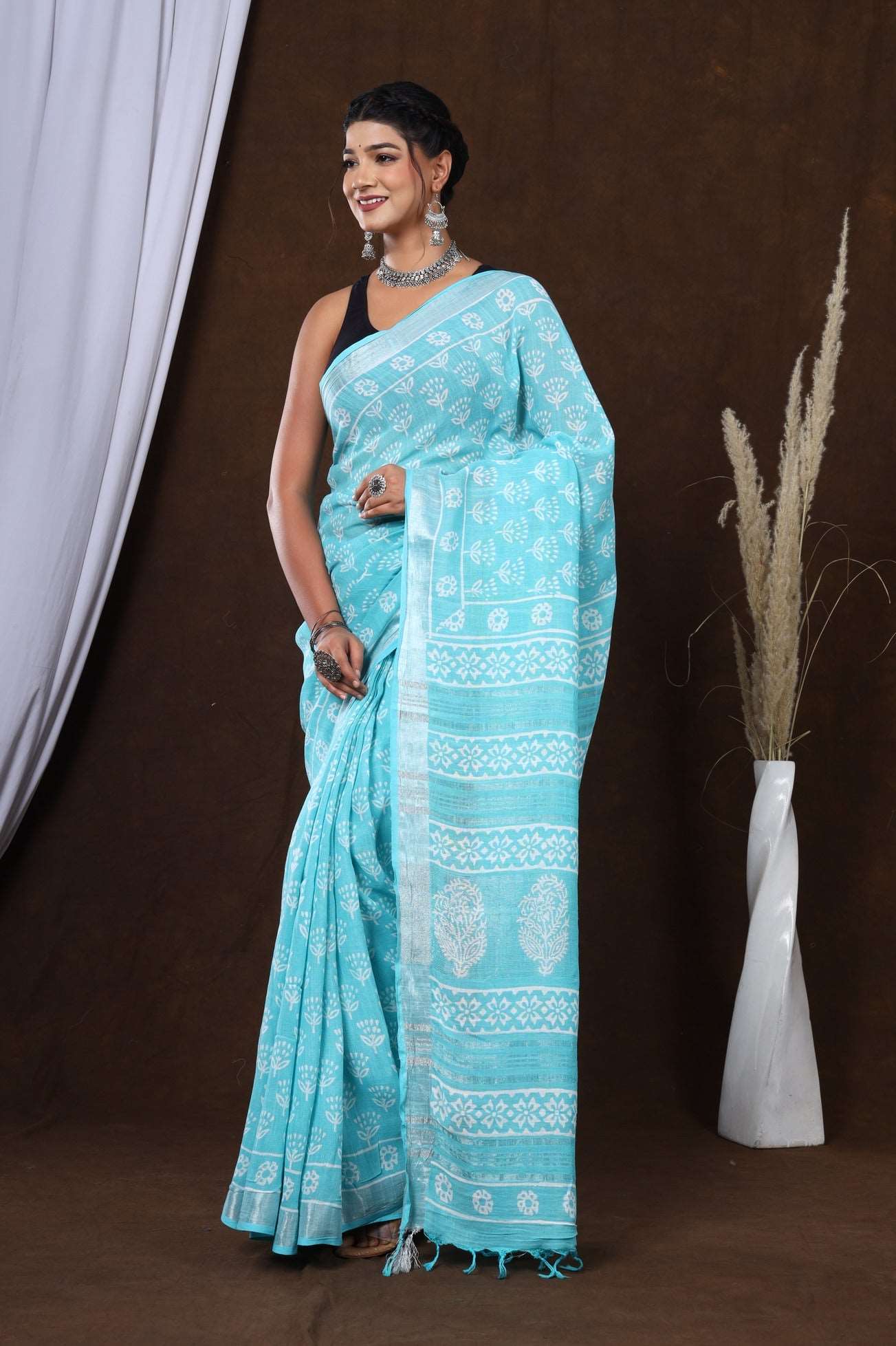 Jaipur Breeze: Light Blue Linen Hand Block Floral Saree