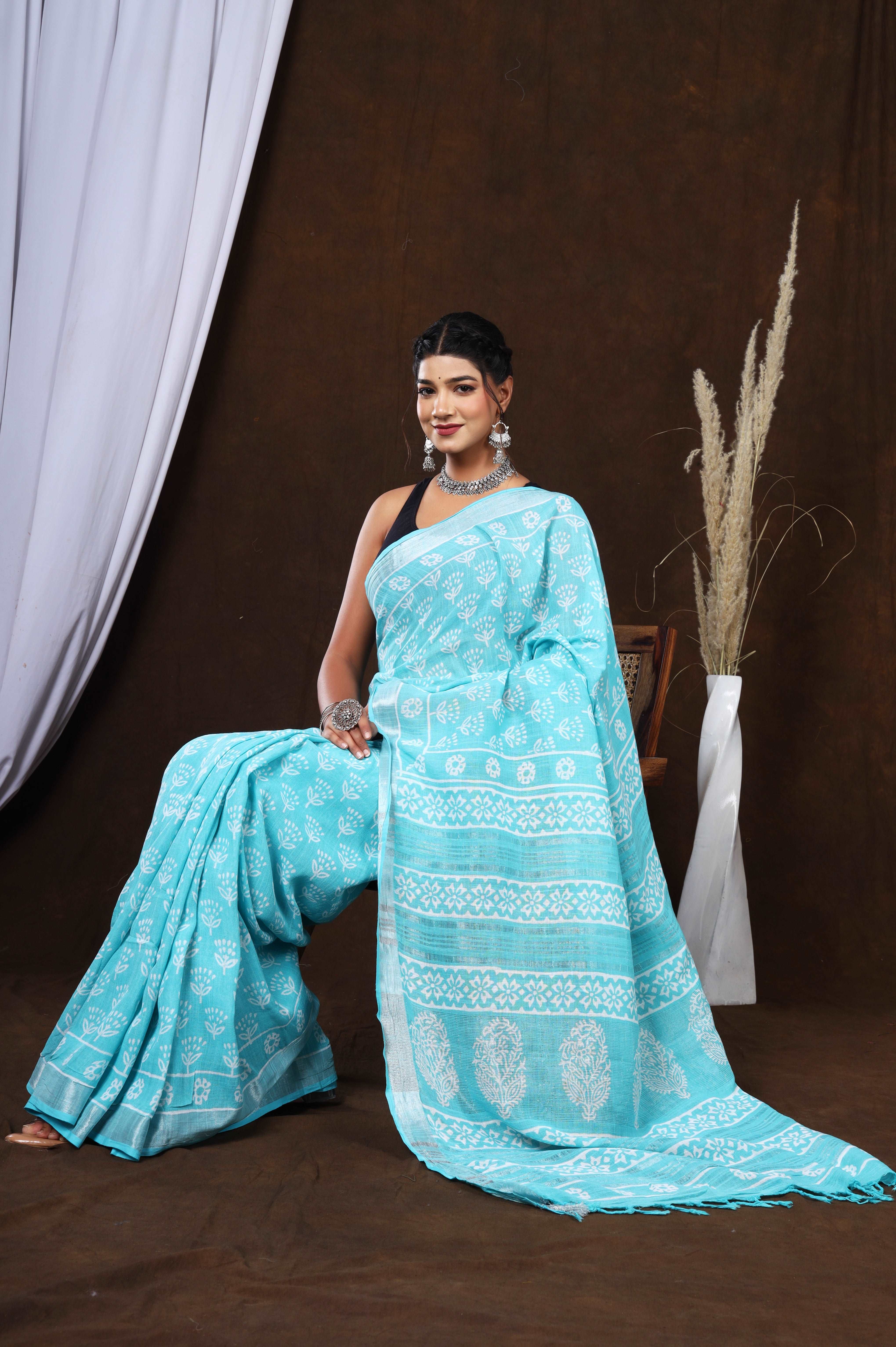 Jaipur Breeze: Light Blue Linen Hand Block Floral Saree