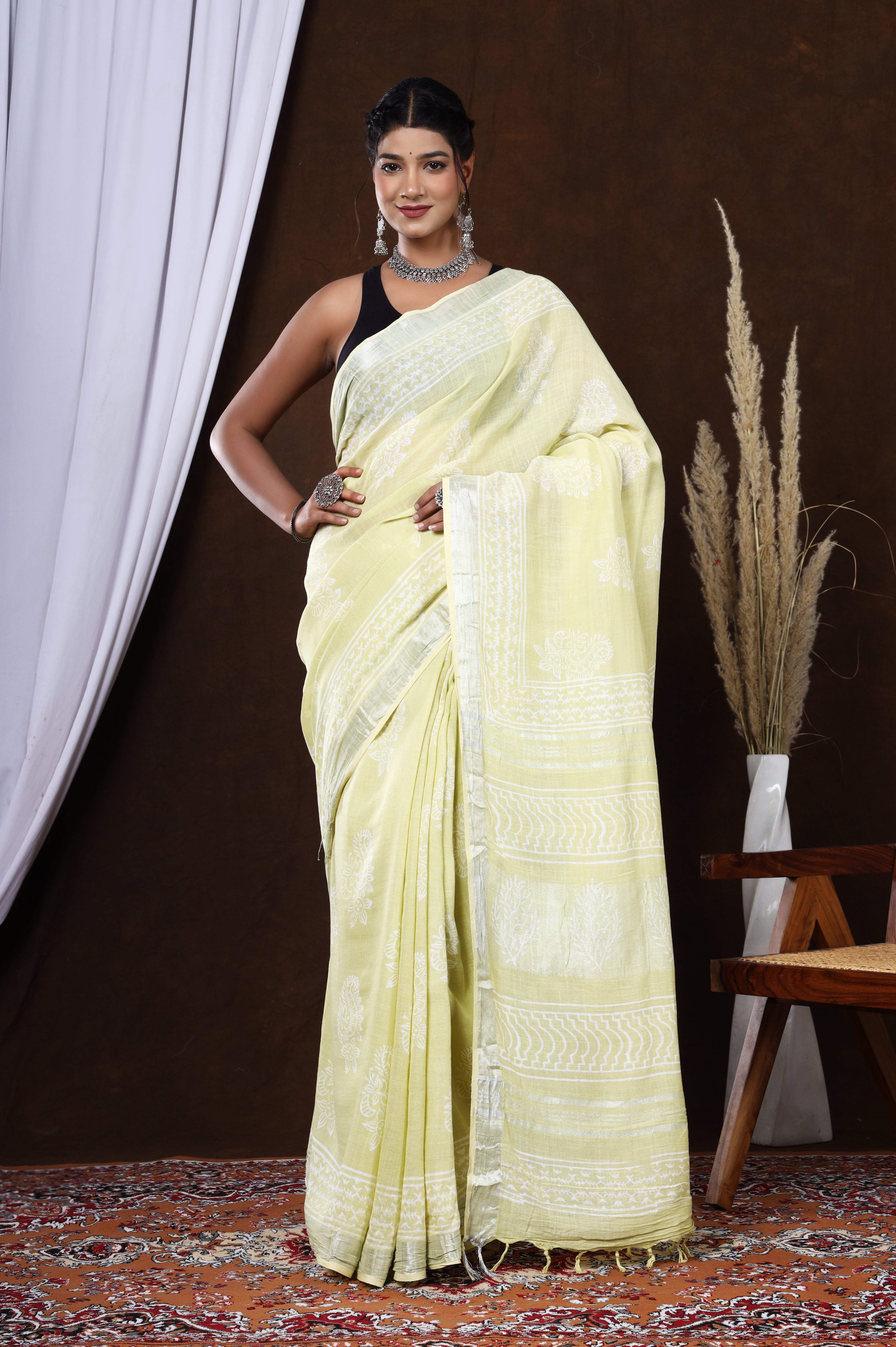 Sunlit Rajasthan: Yellow Floral Linen Saree