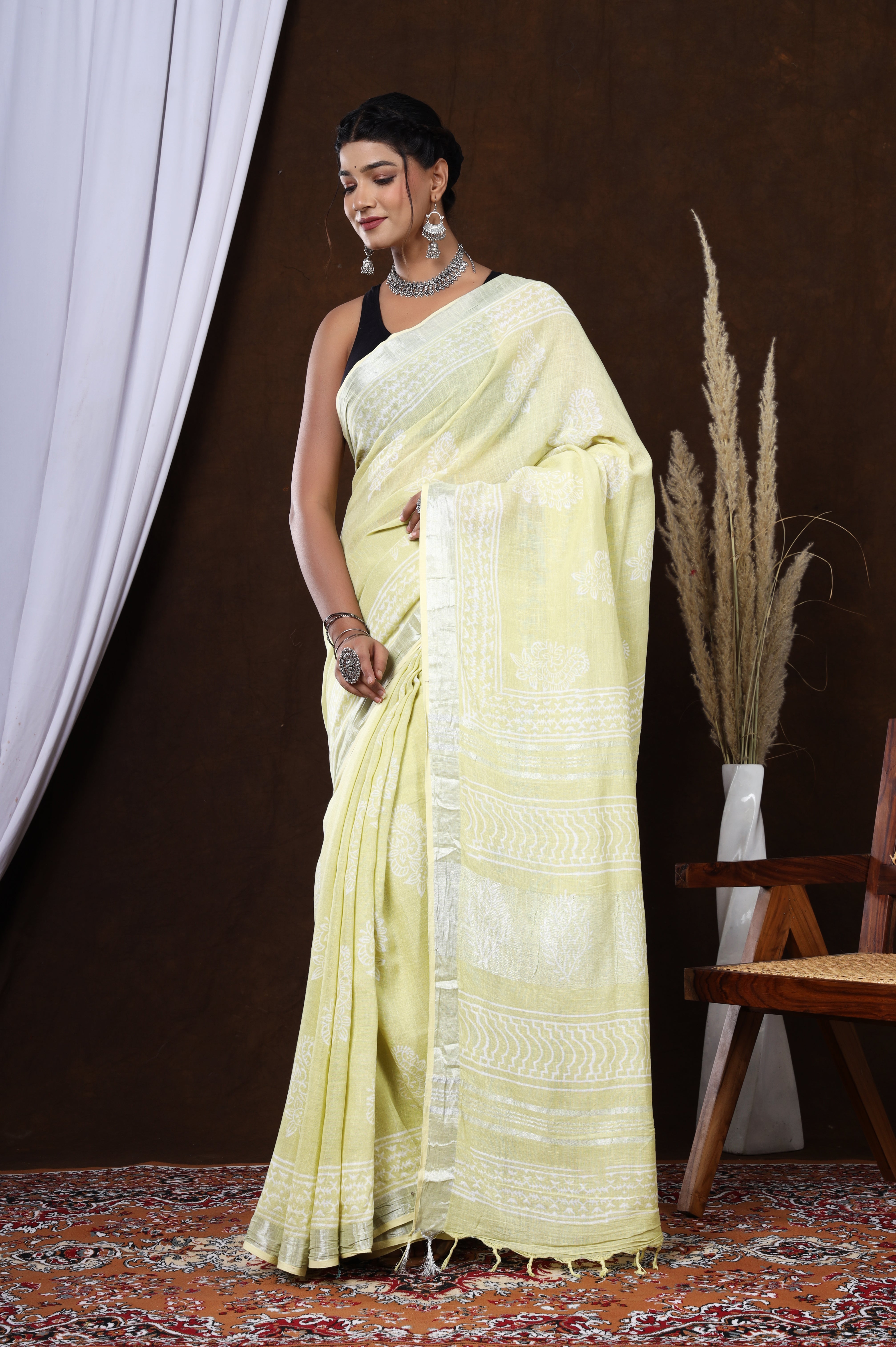 Sunlit Rajasthan: Yellow Floral Linen Saree