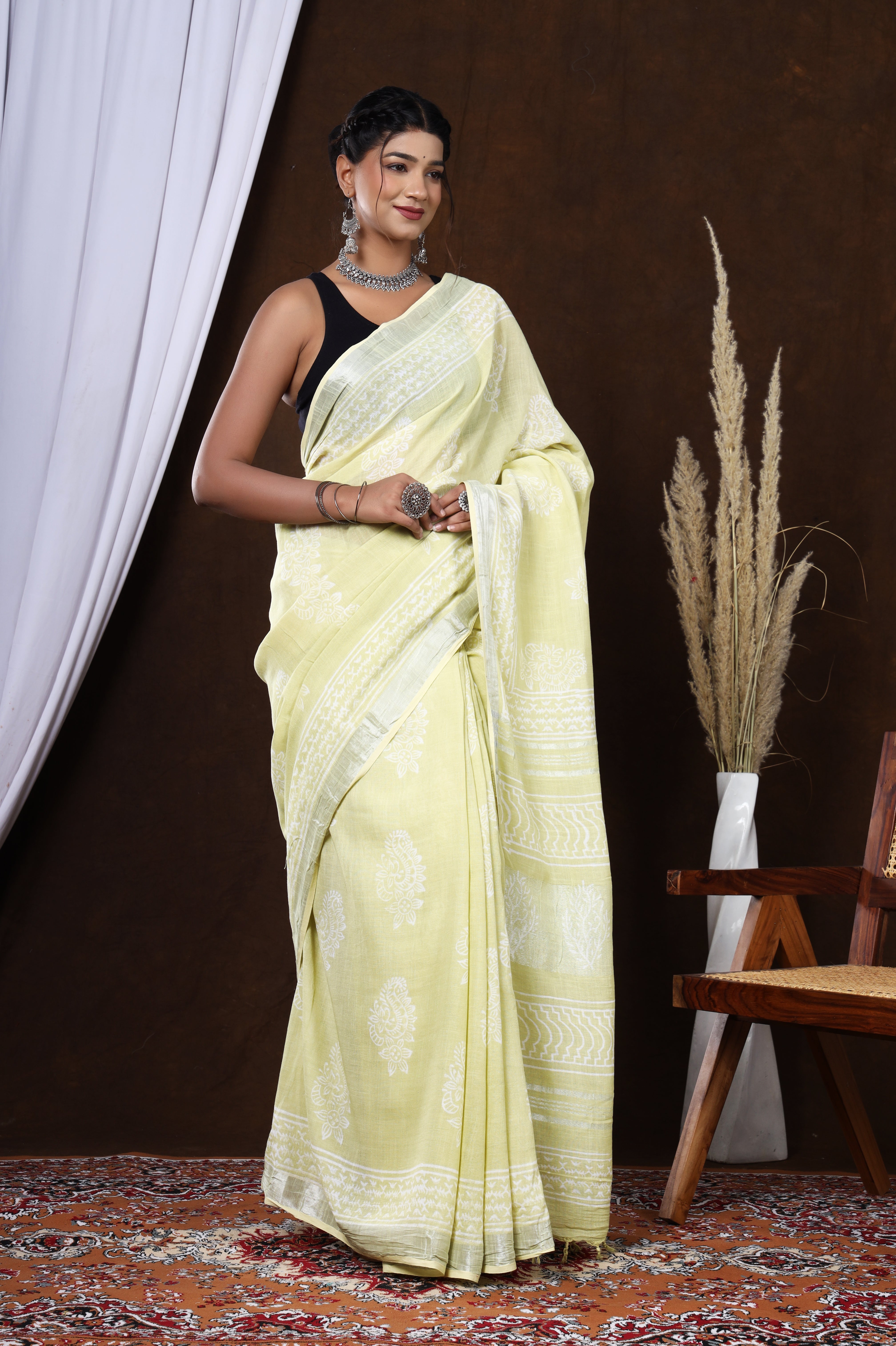 Sunlit Rajasthan: Yellow Floral Linen Saree