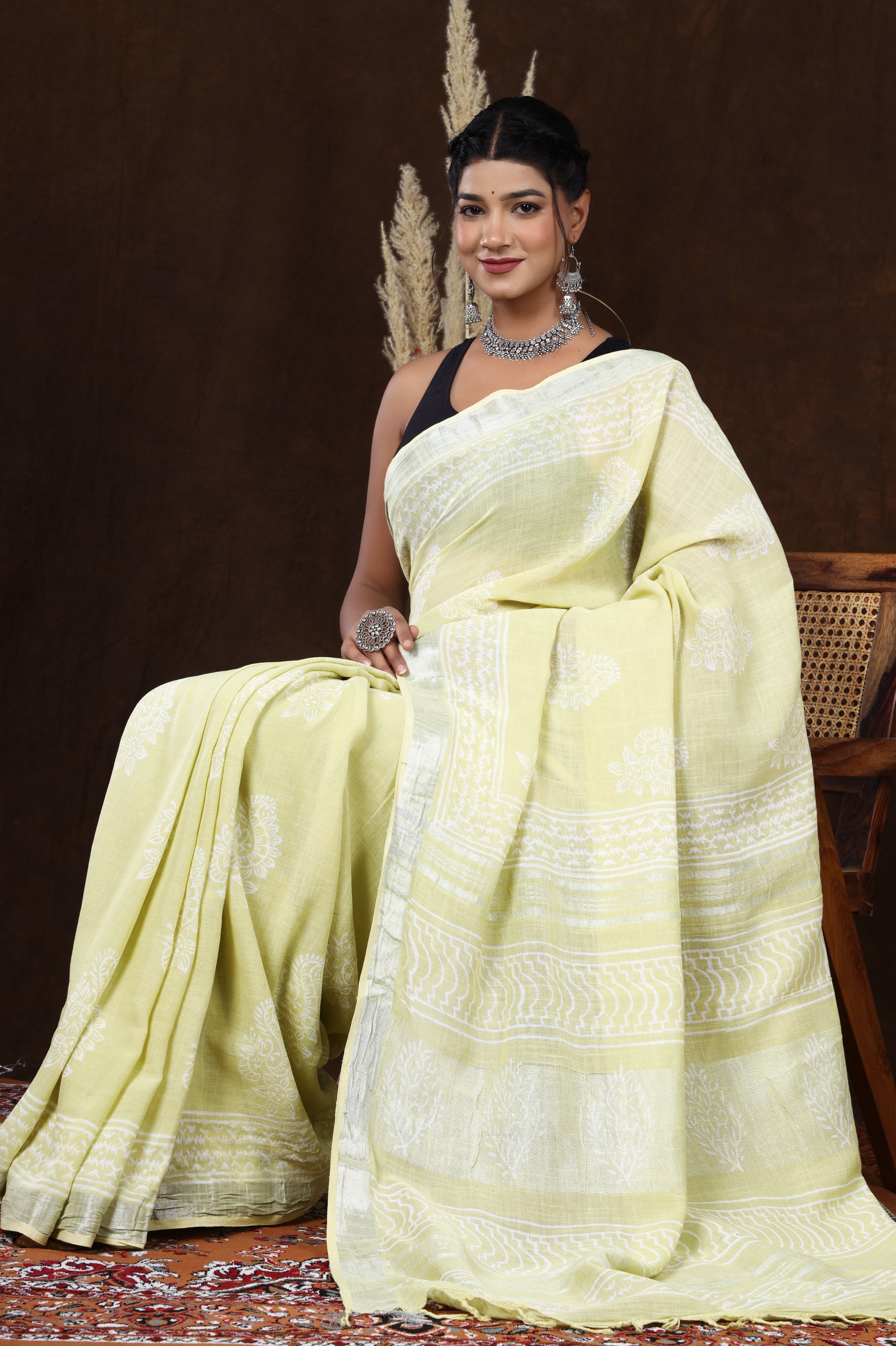 Sunlit Rajasthan: Yellow Floral Linen Saree