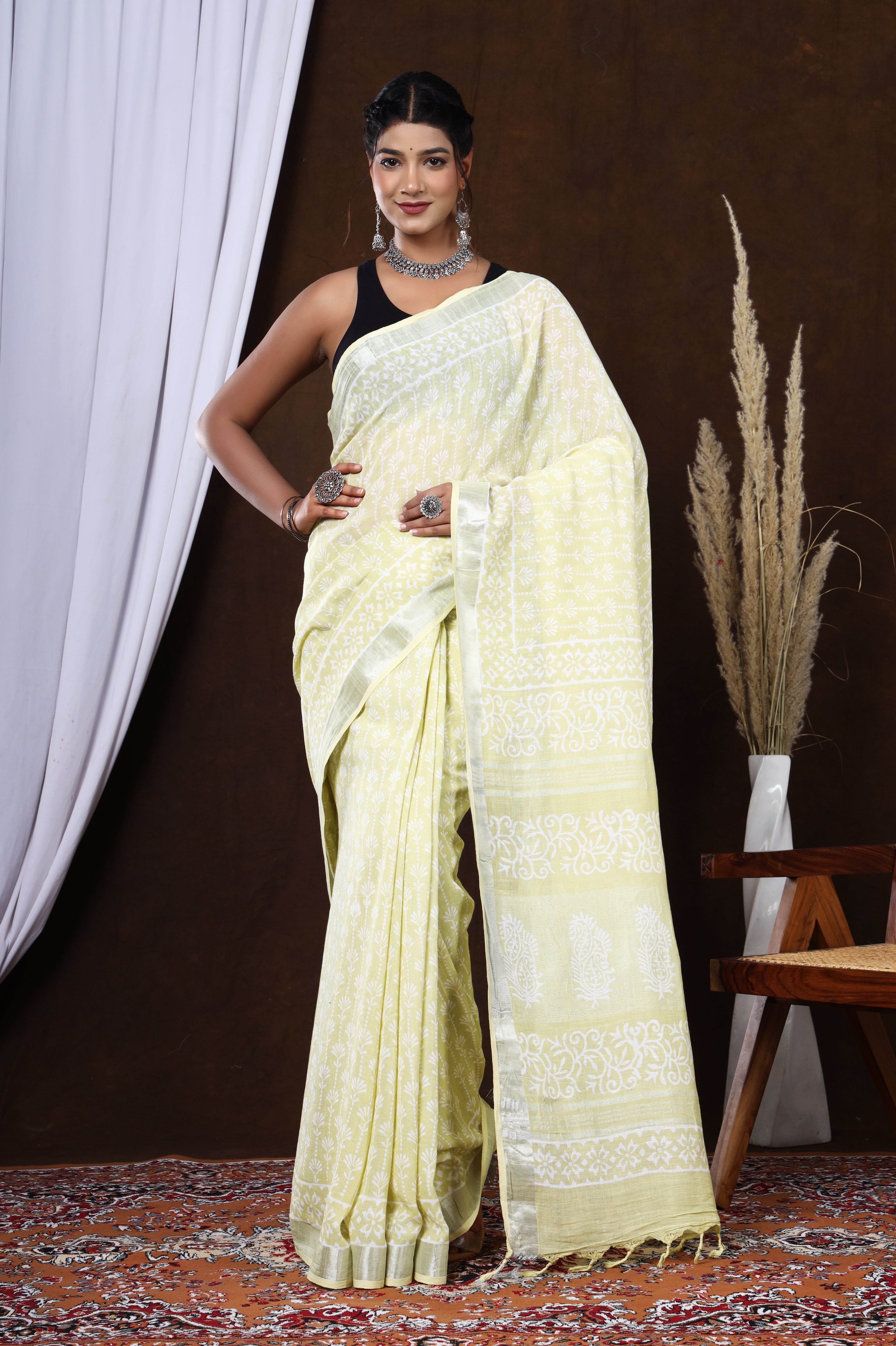 Sunflower Bloom Handblock Printed Linen Saree