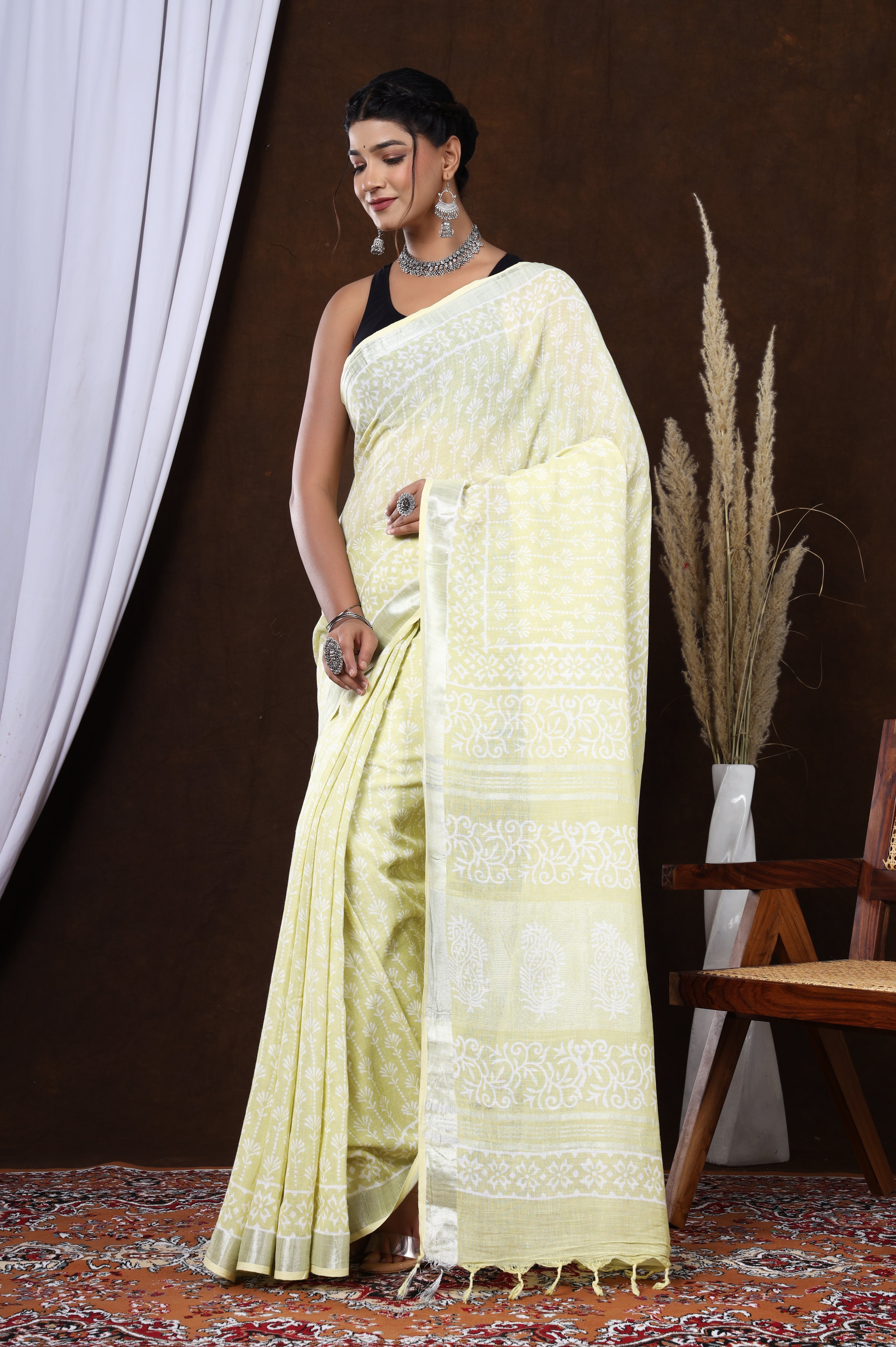 Sunflower Bloom Handblock Printed Linen Saree