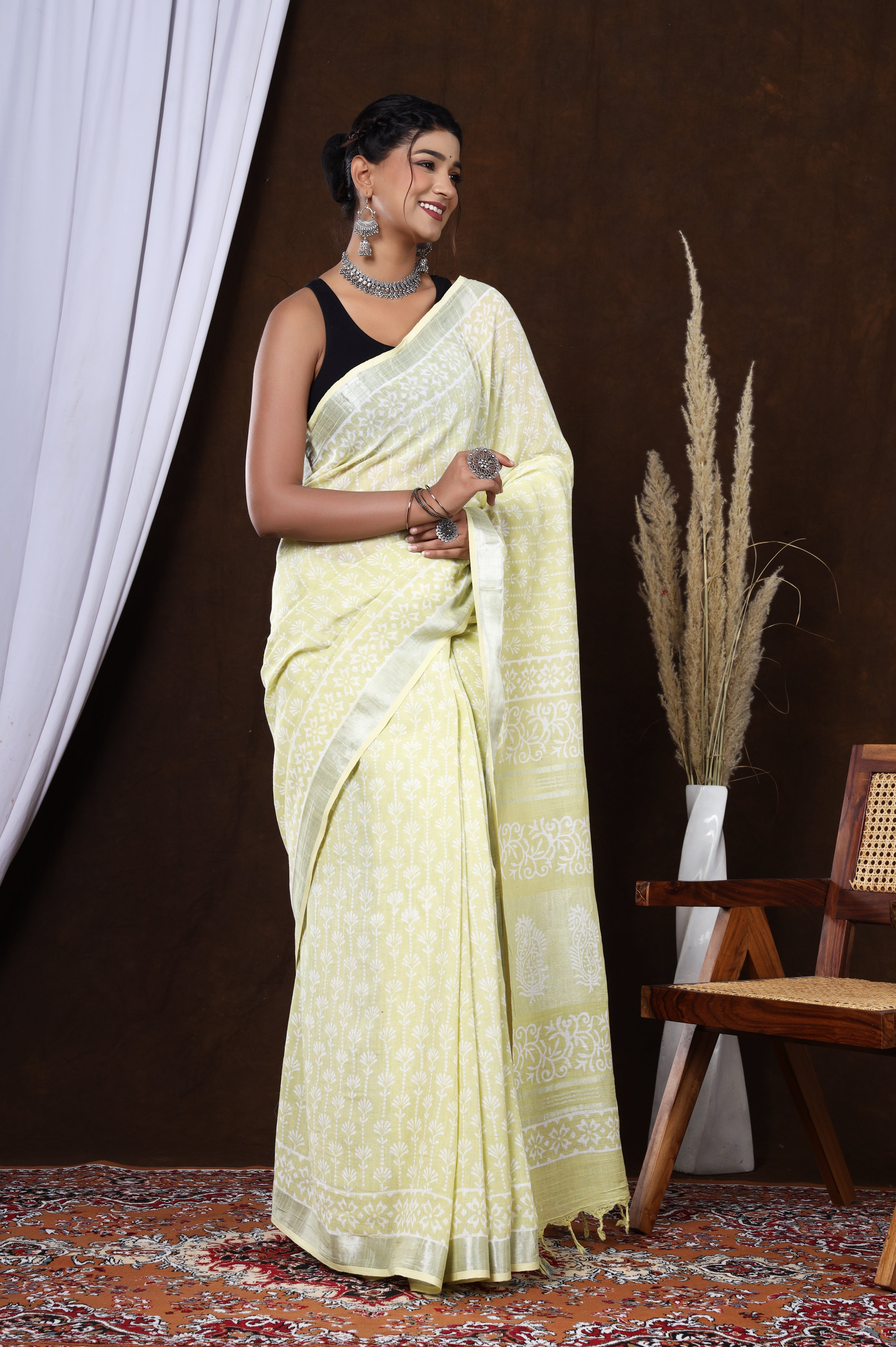 Sunflower Bloom Handblock Printed Linen Saree