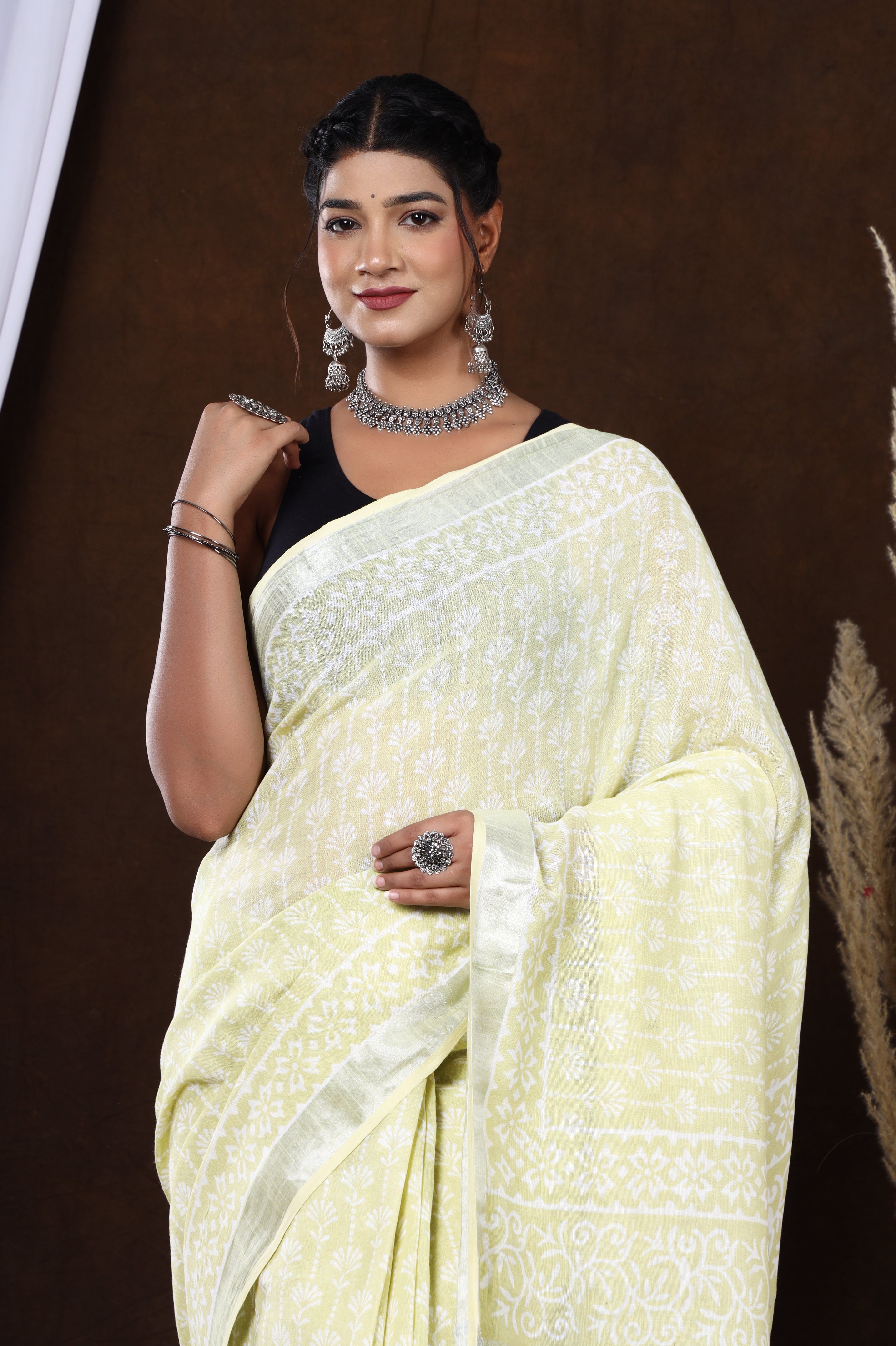 Sunflower Bloom Handblock Printed Linen Saree