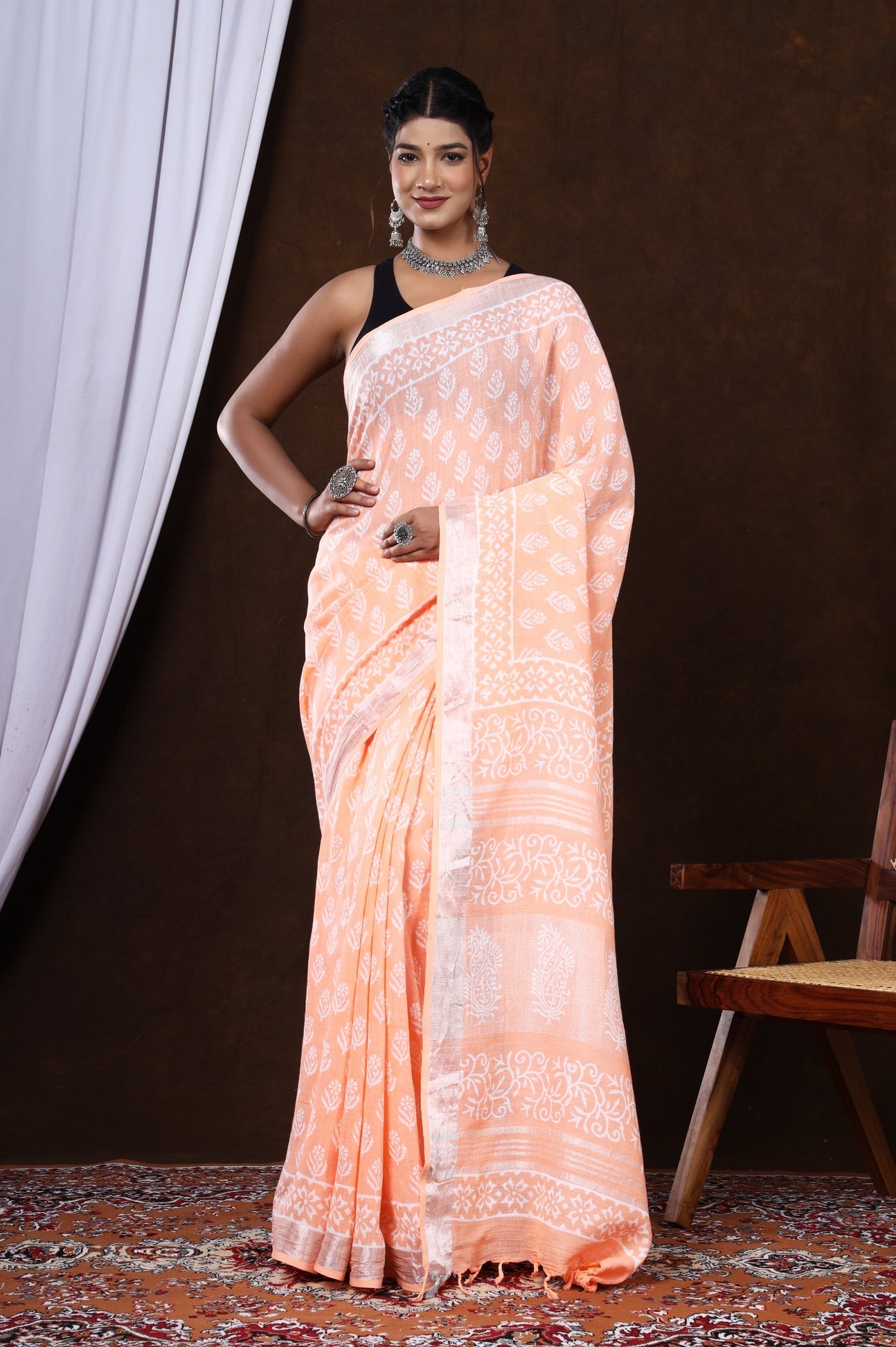 Scarlet Sunset Linen Hand-Block Booti Saree