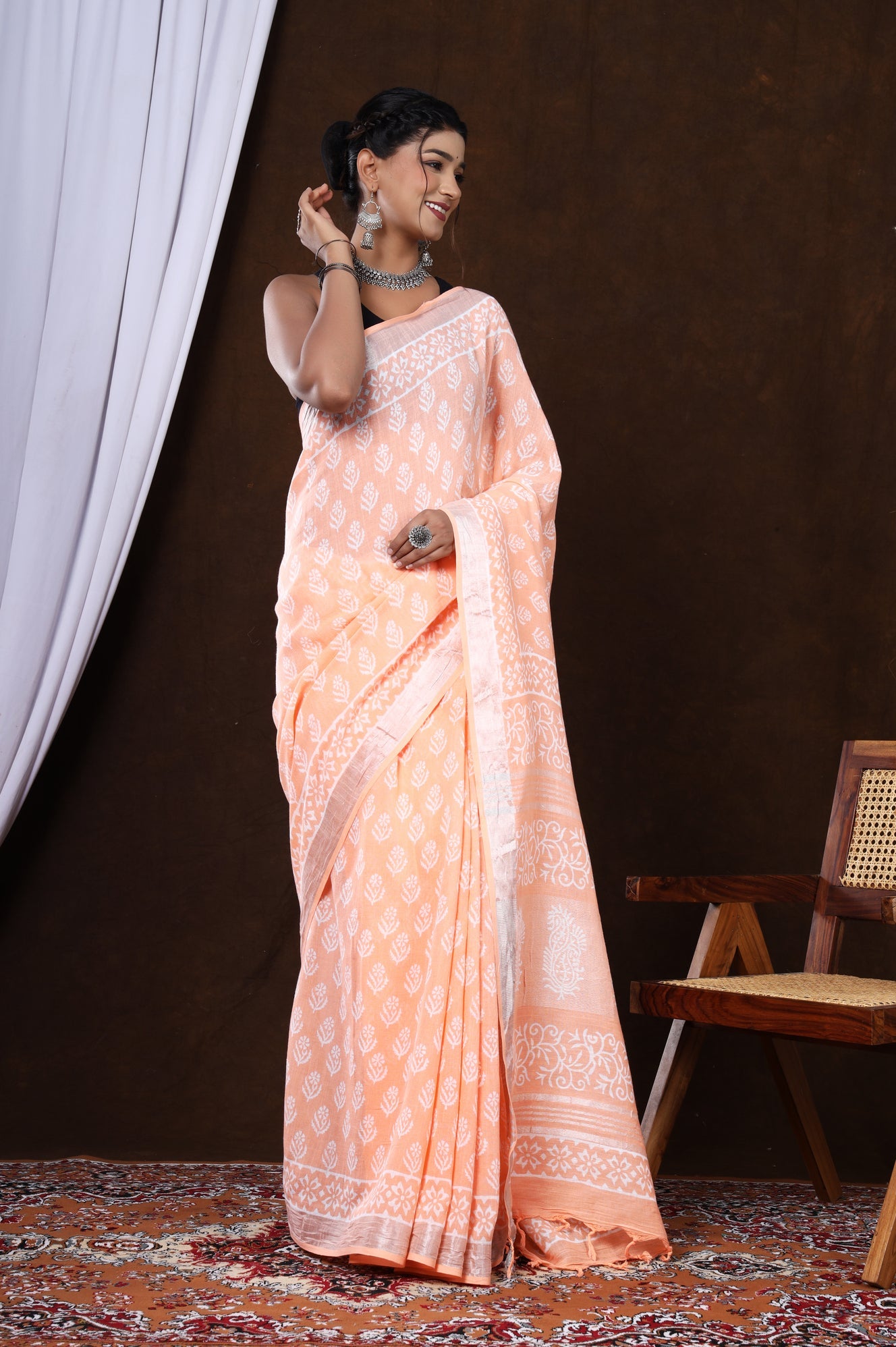 Scarlet Sunset Linen Hand-Block Booti Saree