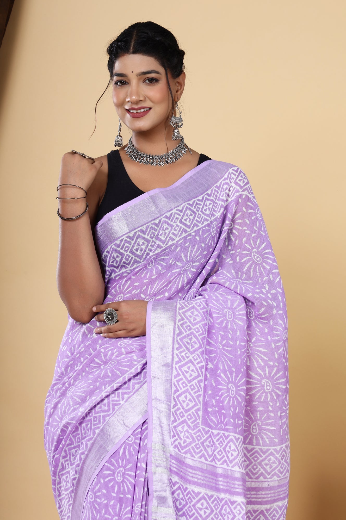 Lavender Dreams: Handcrafted Linen Saree with Artisan Block Print and Discharge Dye