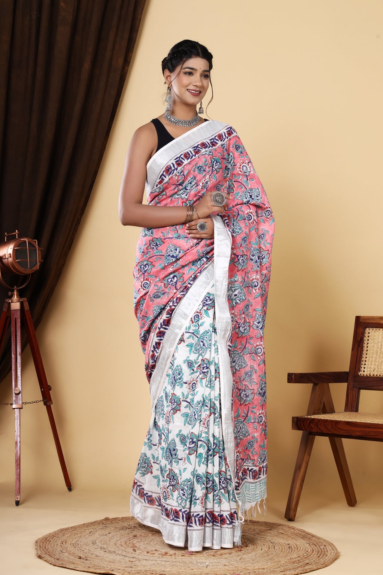 Rosewood Blooms: Handcrafted Linen Saree in Pinkish Red