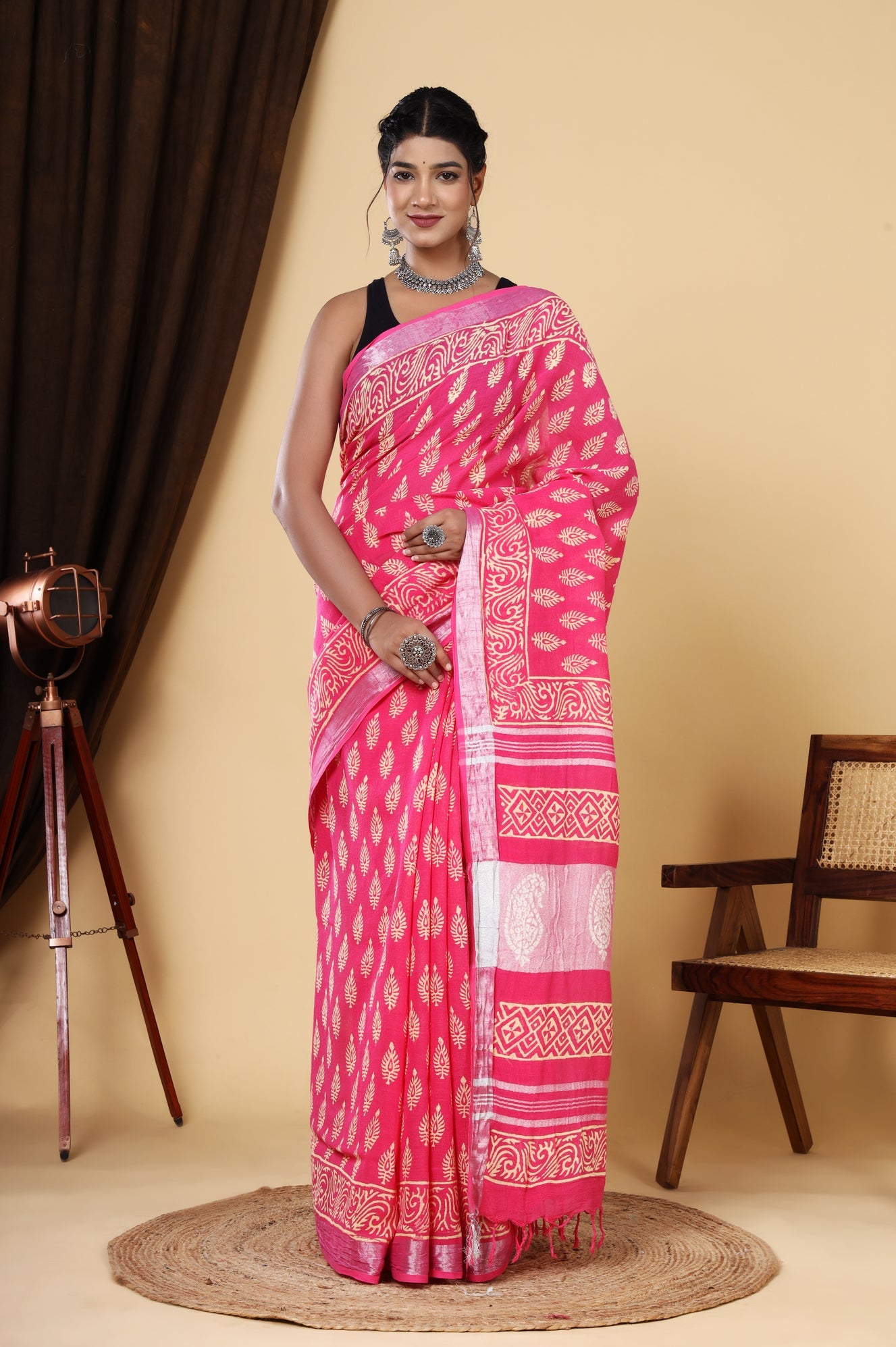 Pink Blossom: Hand Block Print Linen Cotton Saree Set with Blouse