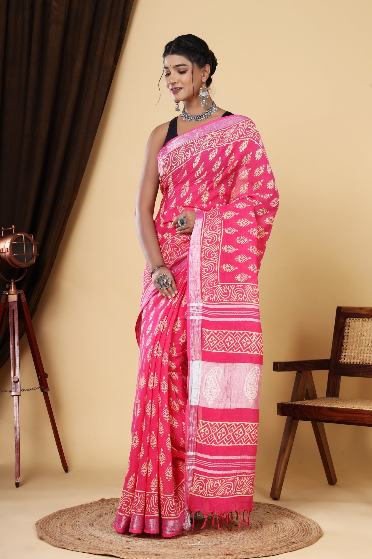 Pink Blossom: Hand Block Print Linen Cotton Saree Set with Blouse