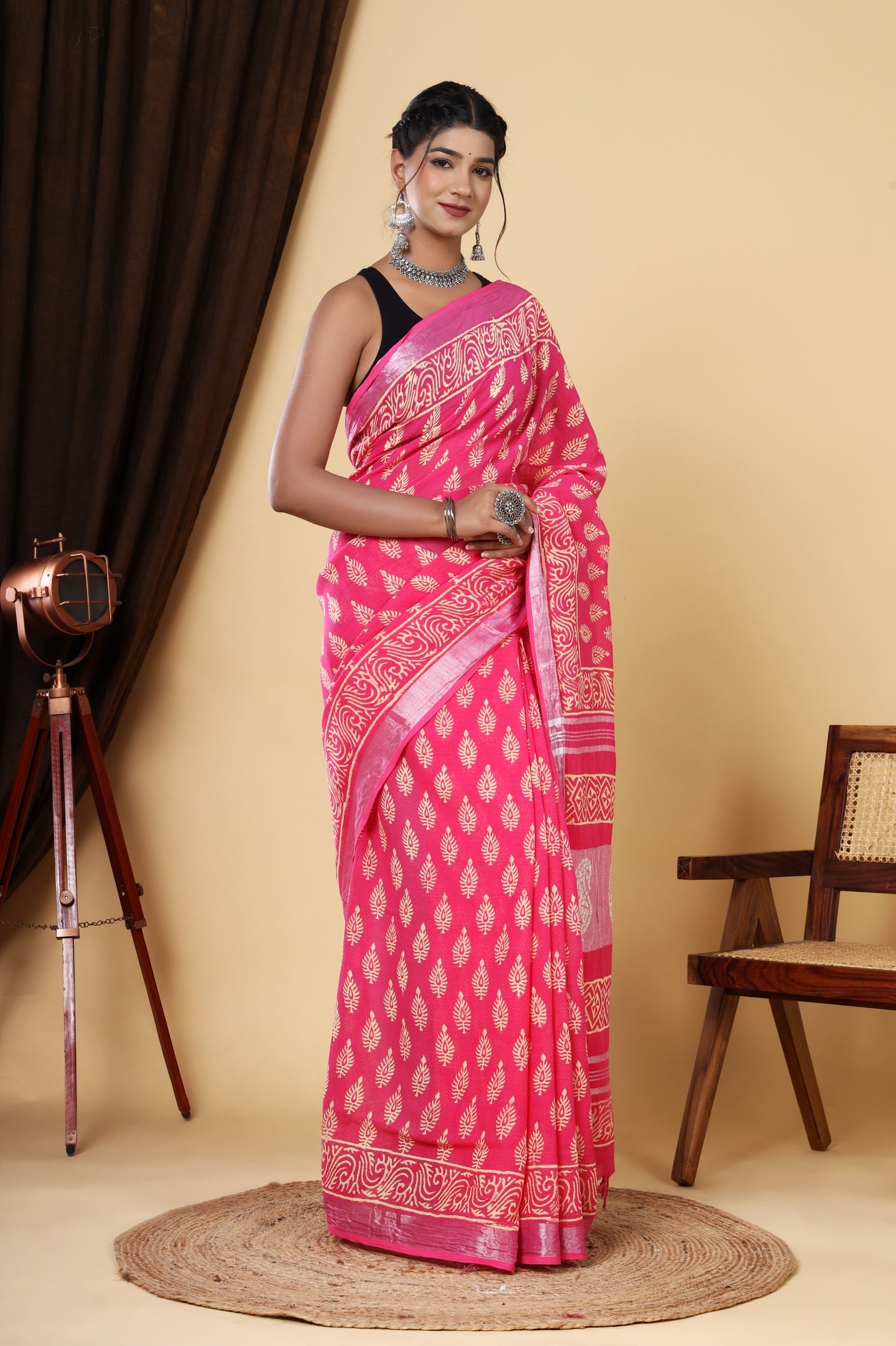 Pink Blossom: Hand Block Print Linen Cotton Saree Set with Blouse