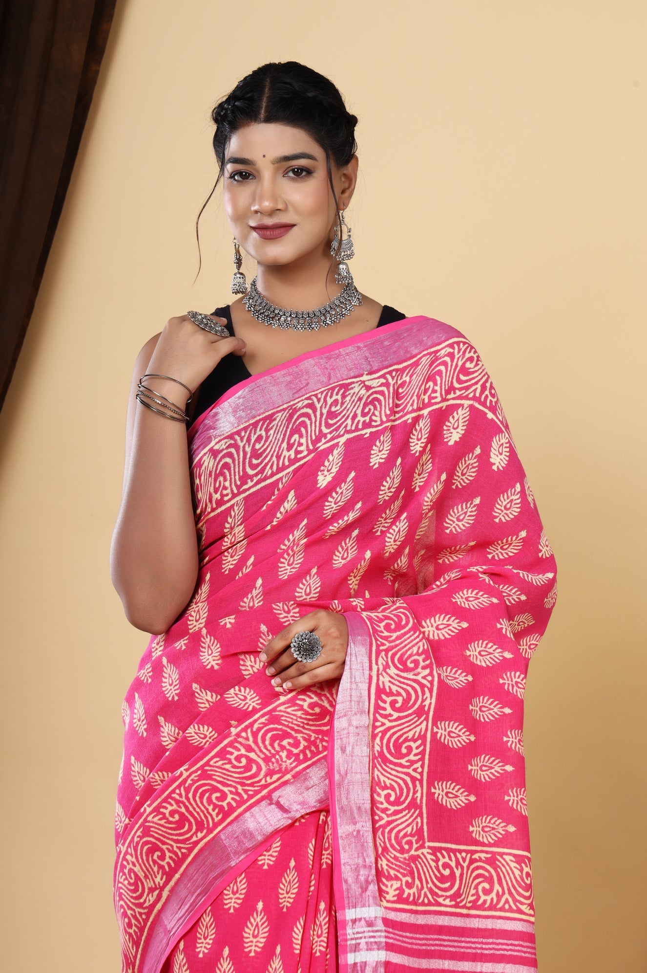 Pink Blossom: Hand Block Print Linen Cotton Saree Set with Blouse