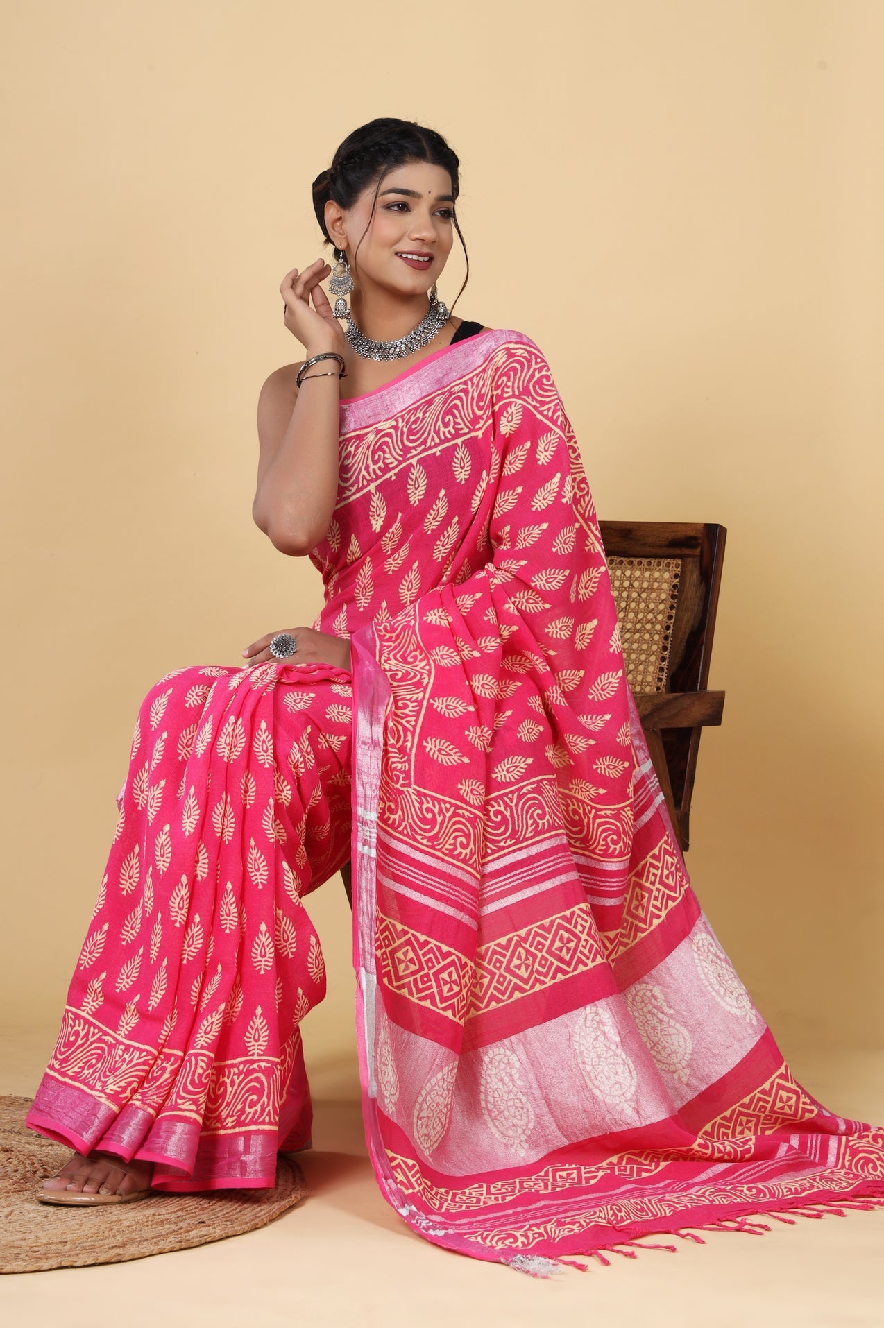 Pink Blossom: Hand Block Print Linen Cotton Saree Set with Blouse