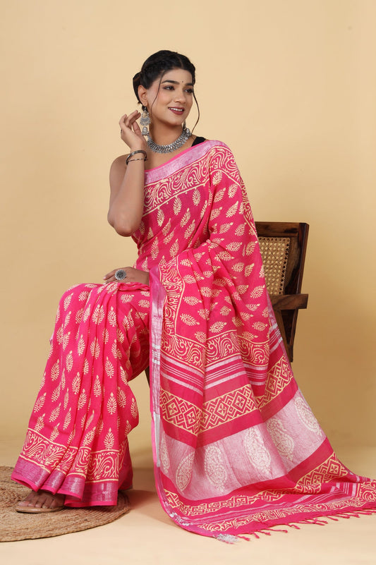 Pink Blossom: Hand Block Print Linen Cotton Saree Set with Blouse