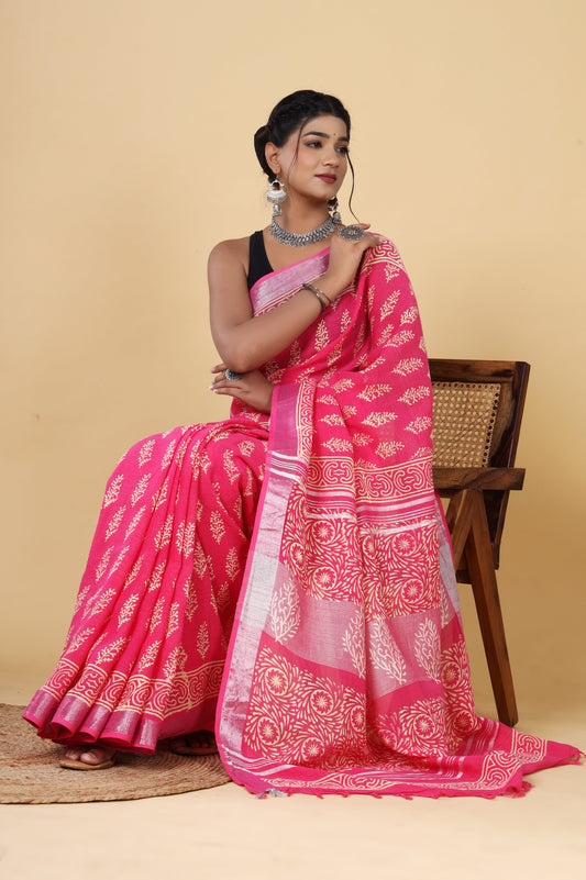 Rosy Blooms: Handcrafted Linen Saree in Pinkish Red with Booti Dyed Discharge Prints