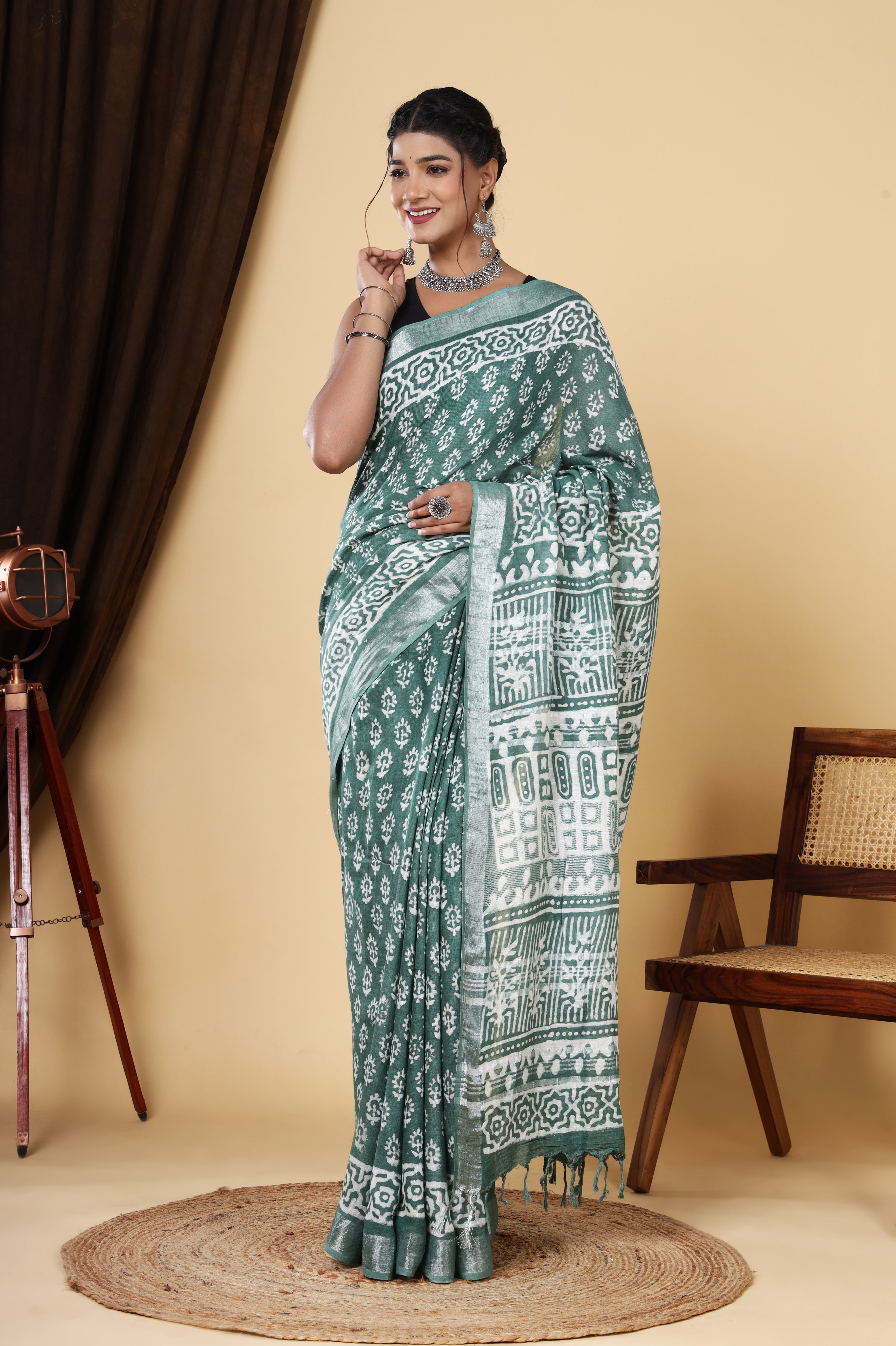 Linen Greenish Cyan Hand Block Printed Booti Dyed Discharge Saree