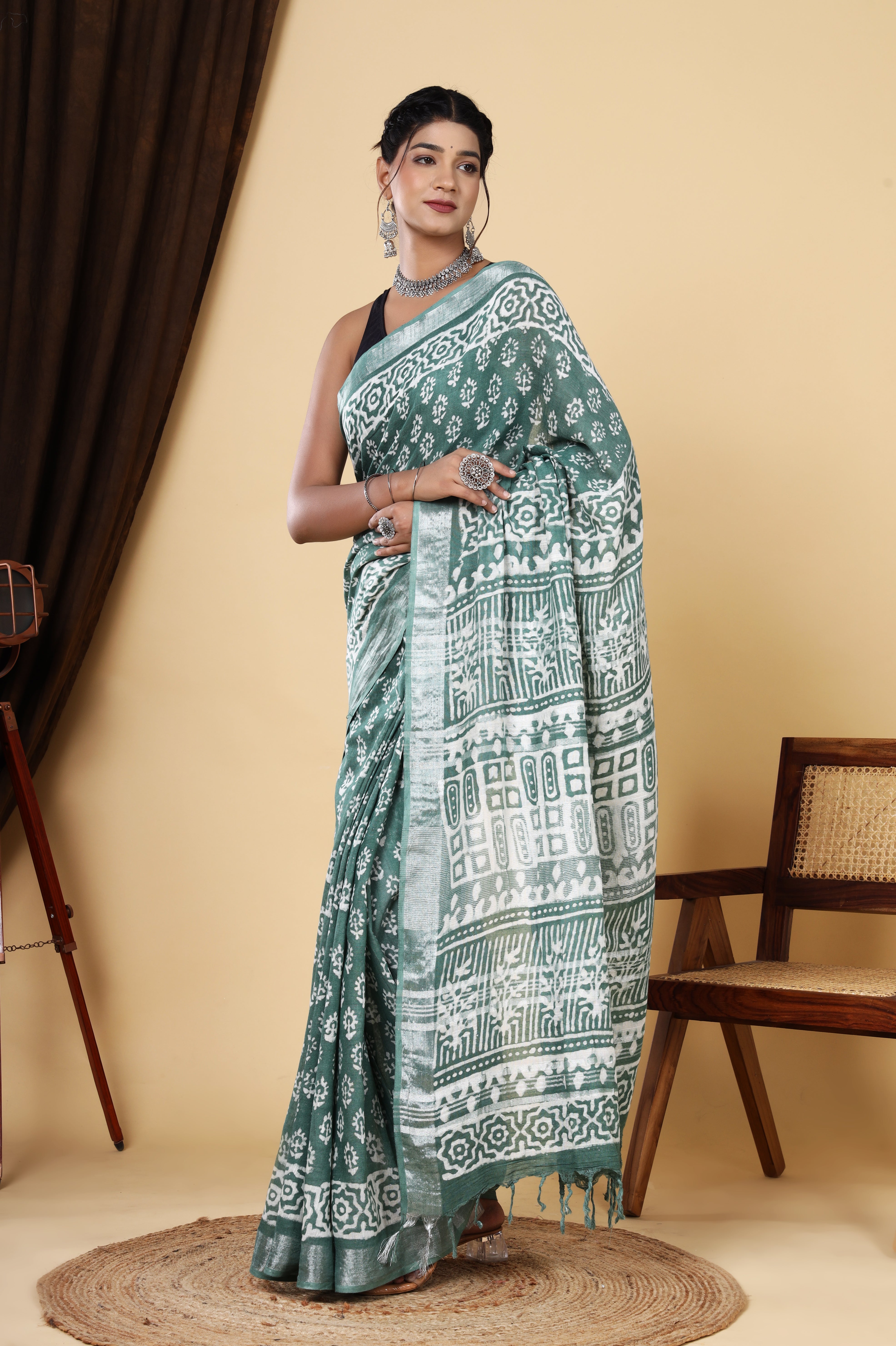 Linen Greenish Cyan Hand Block Printed Booti Dyed Discharge Saree