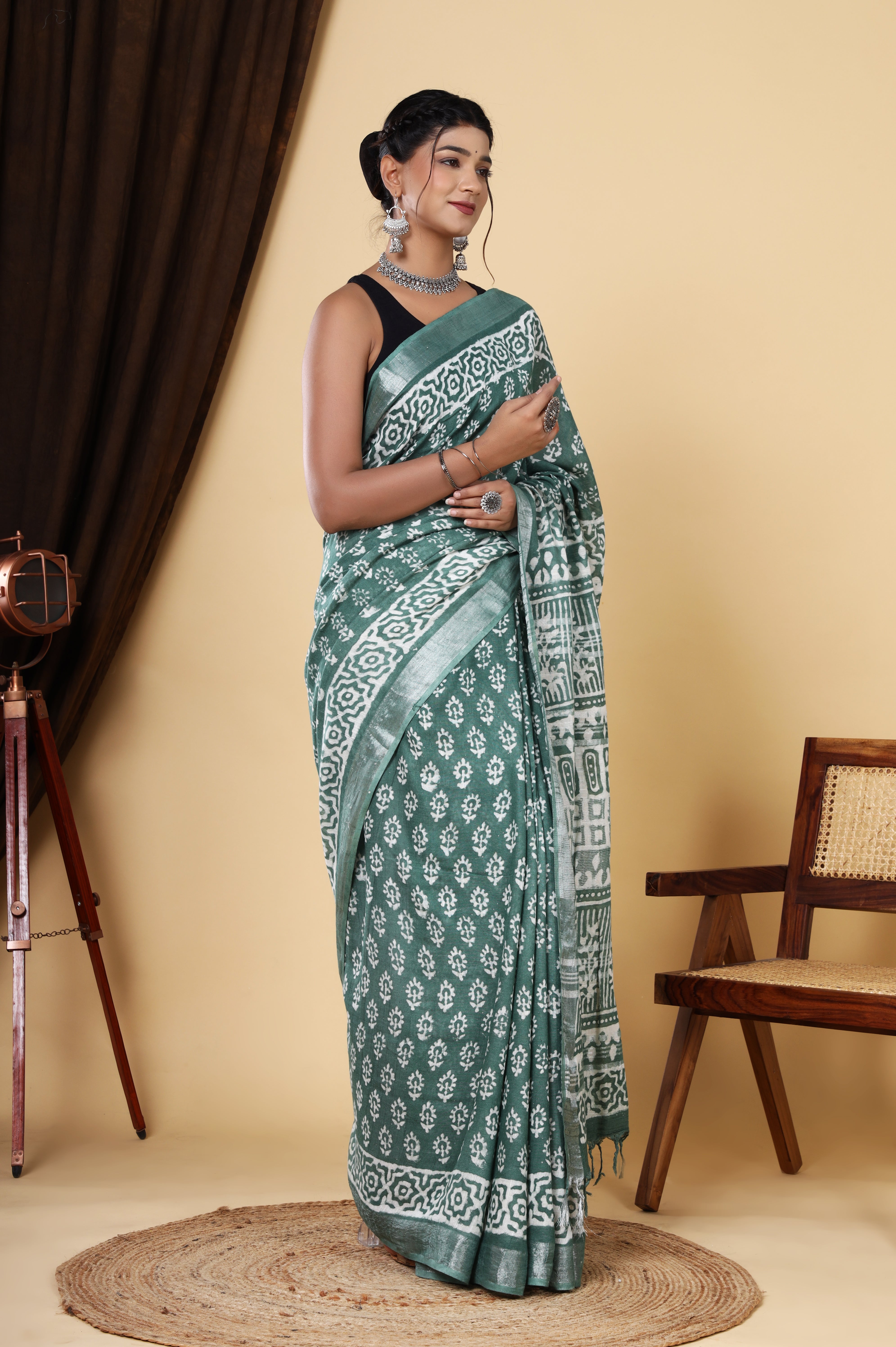 Linen Greenish Cyan Hand Block Printed Booti Dyed Discharge Saree