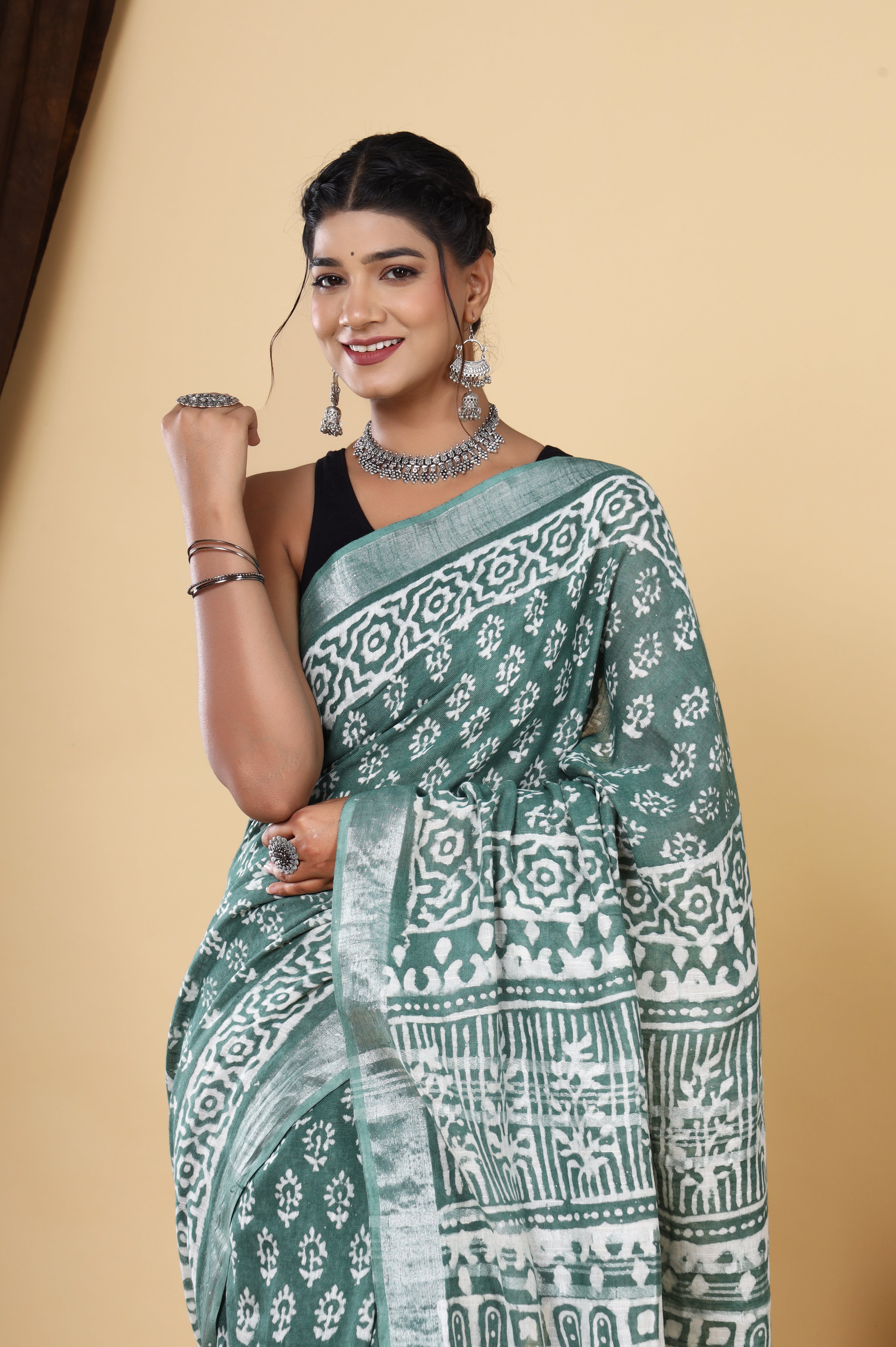 Linen Greenish Cyan Hand Block Printed Booti Dyed Discharge Saree