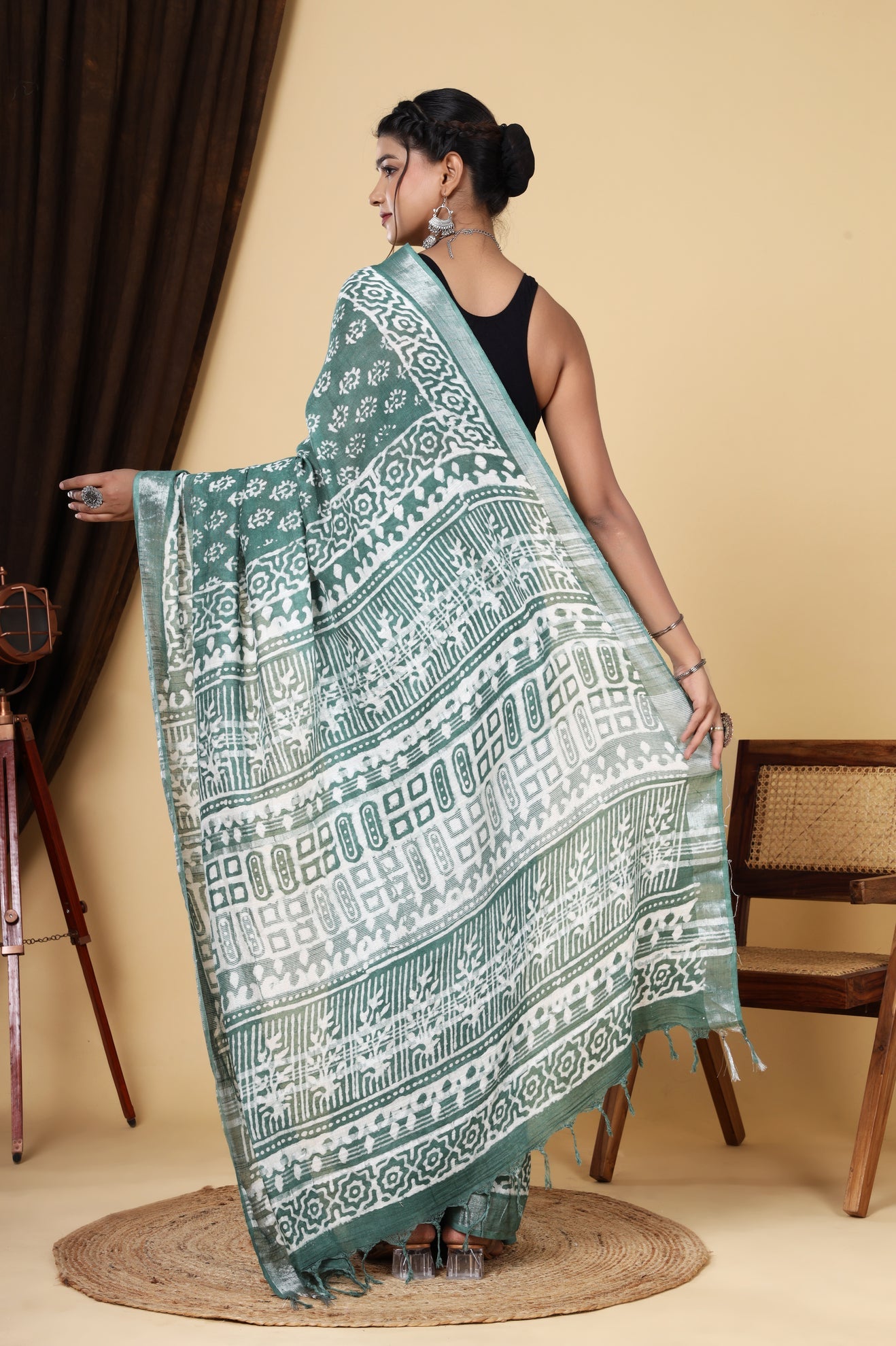 Linen Greenish Cyan Hand Block Printed Booti Dyed Discharge Saree