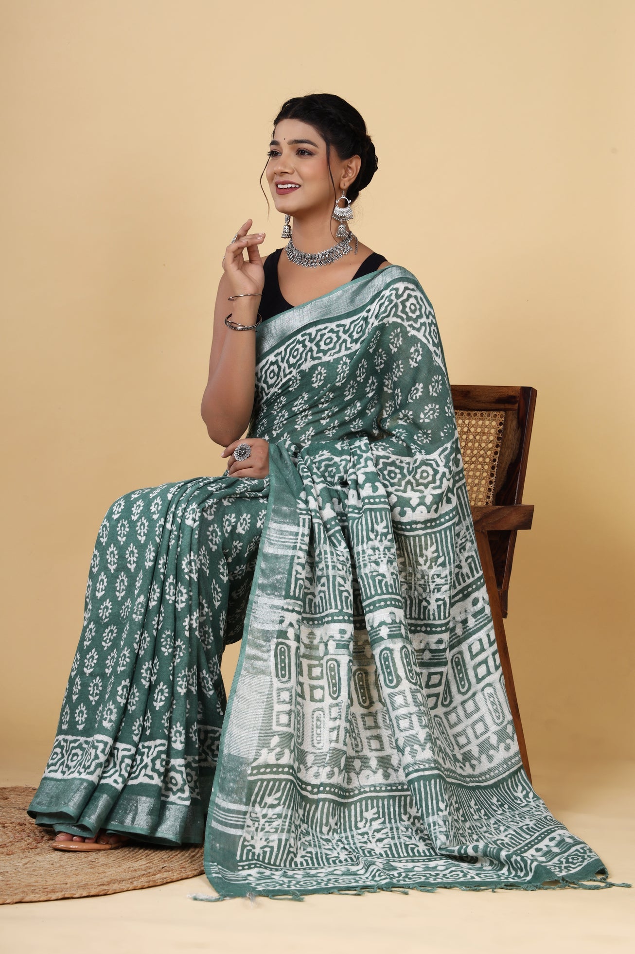 Linen Greenish Cyan Hand Block Printed Booti Dyed Discharge Saree