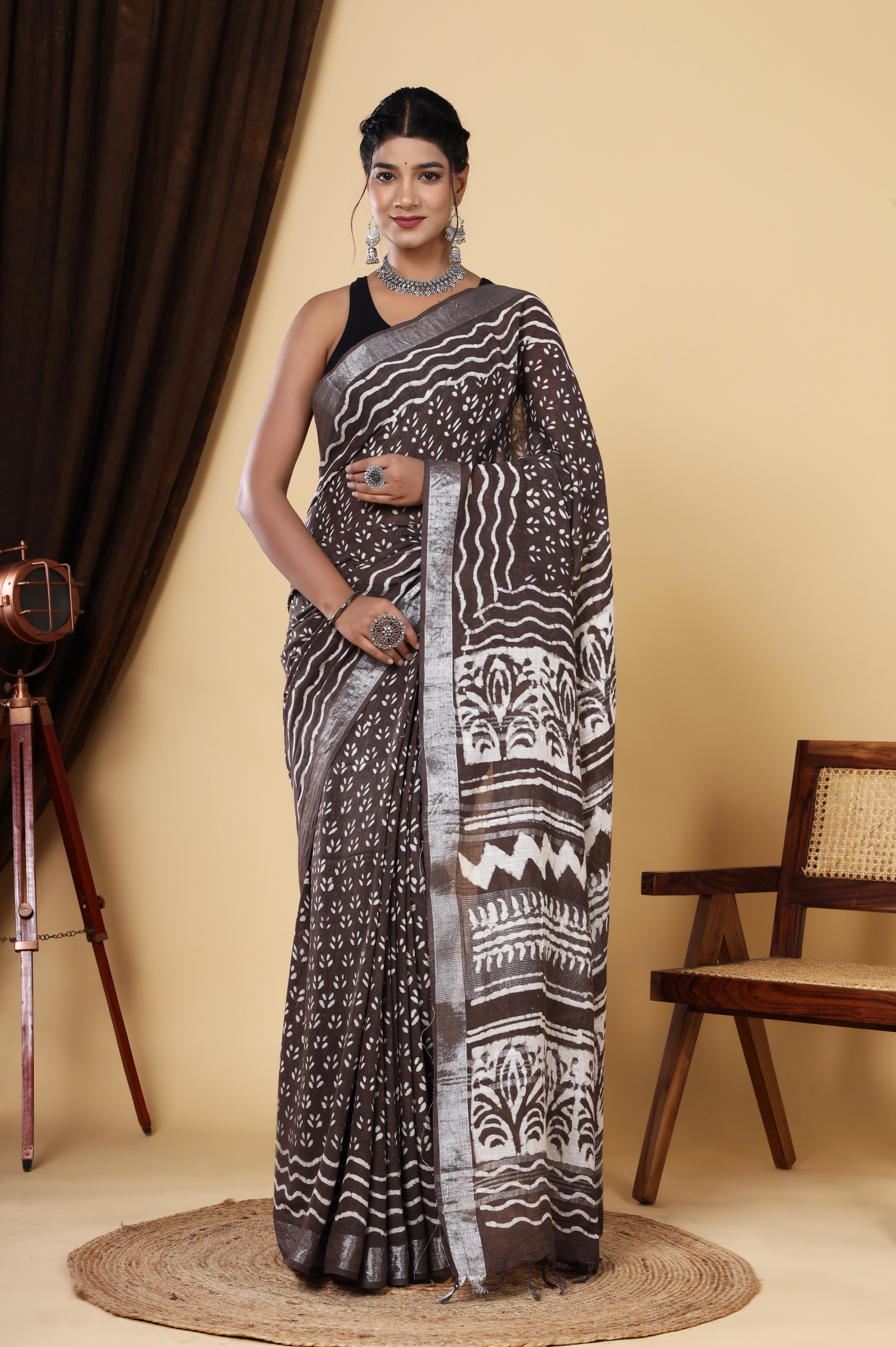 Rustic Elegance: Woody Brown Linen Hand Block Printed Saree