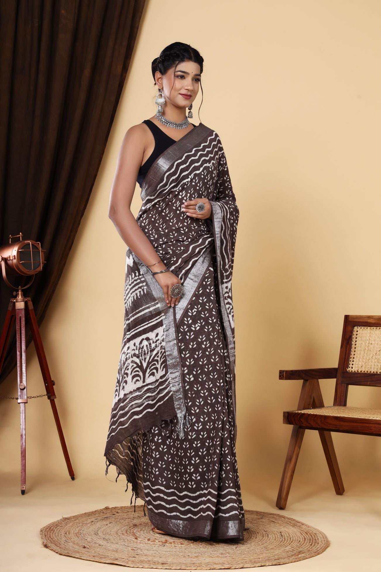 Rustic Elegance: Woody Brown Linen Hand Block Printed Saree