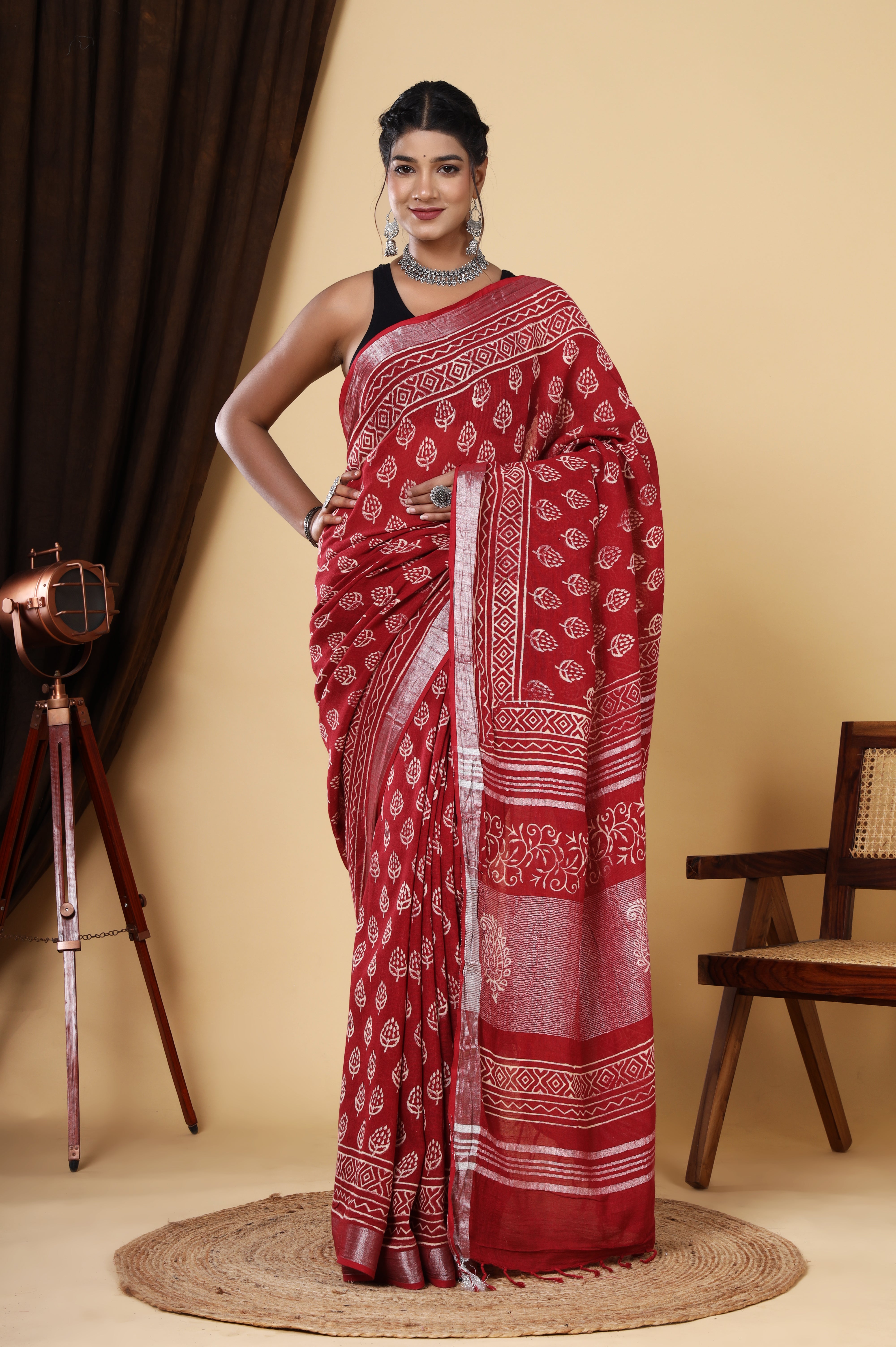 Red Hand Block Printed Linen Saree with Booti Design