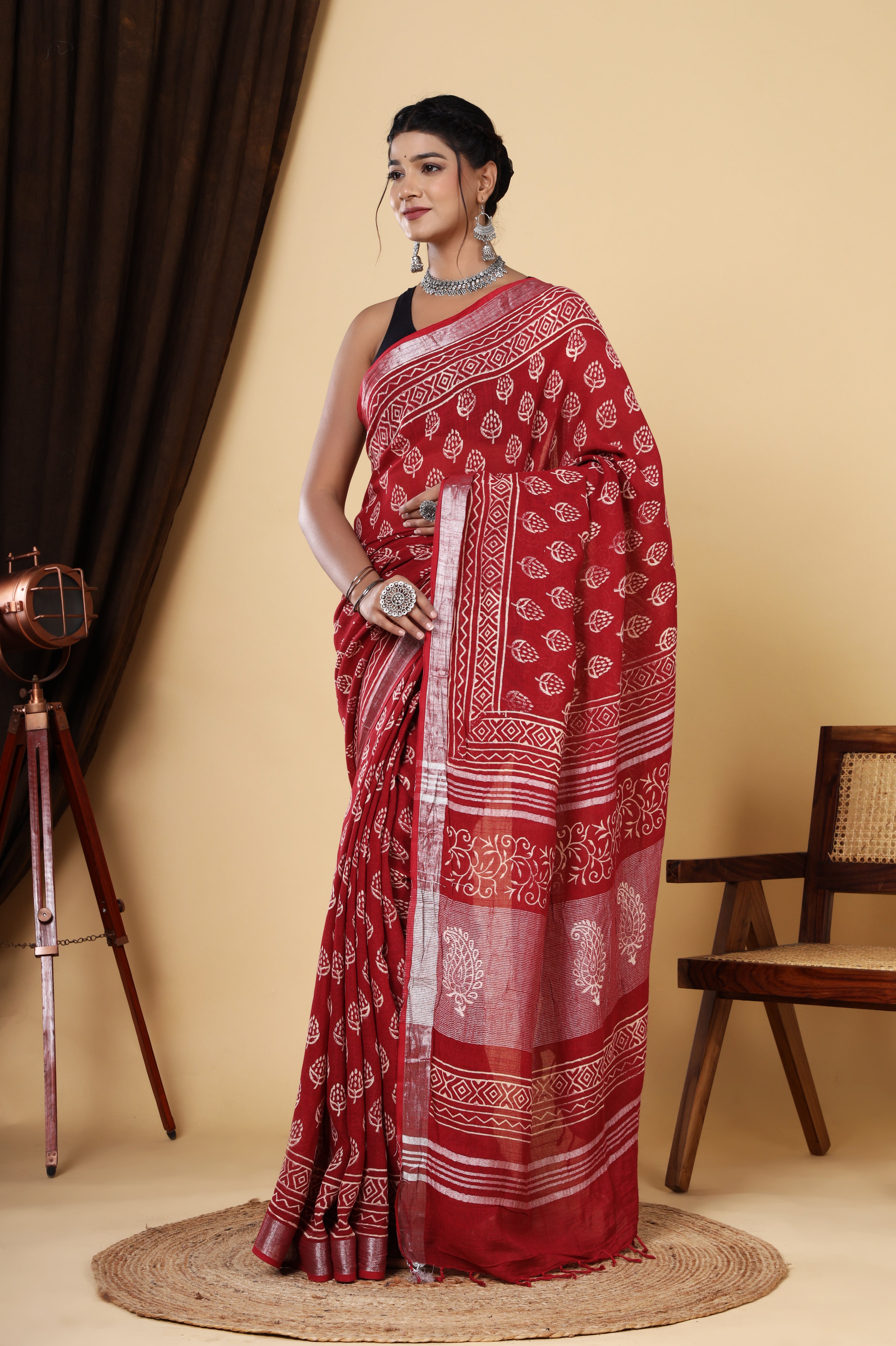 Red Hand Block Printed Linen Saree with Booti Design