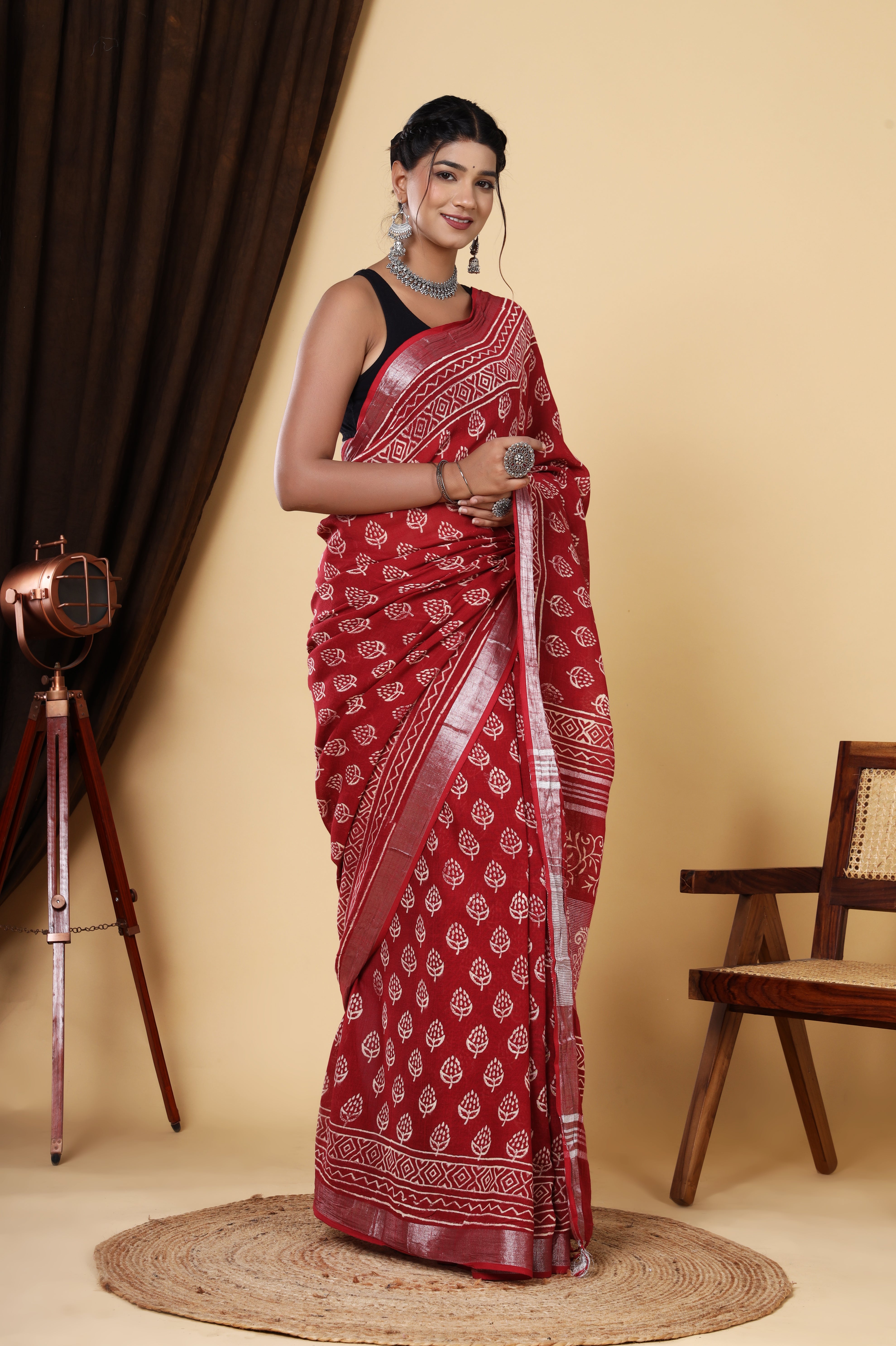 Red Hand Block Printed Linen Saree with Booti Design